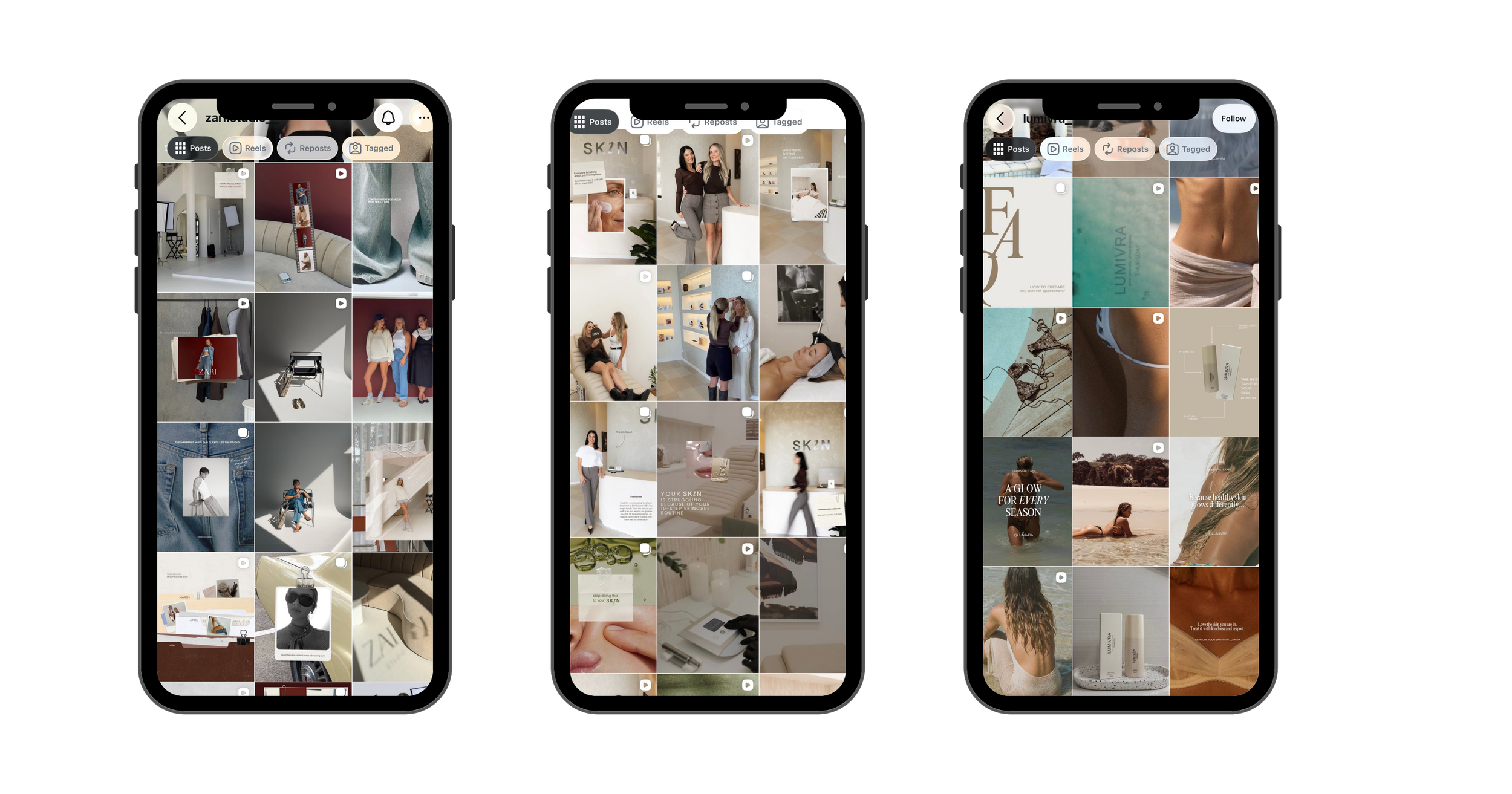 Phones displaying social media photo grids with various images, including people, fashion, skincare products, and lifestyle content.