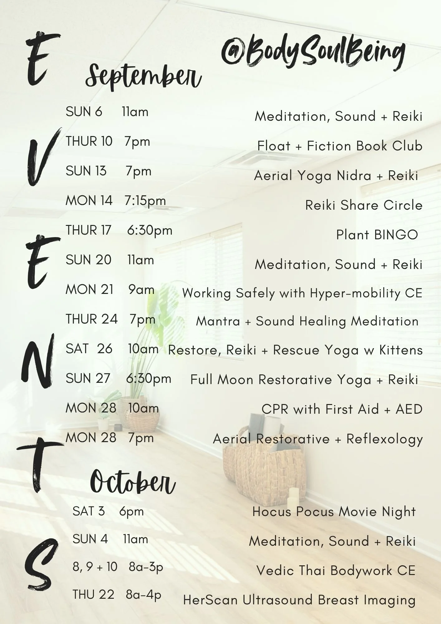 September Events Calendar at Body Soul Being
