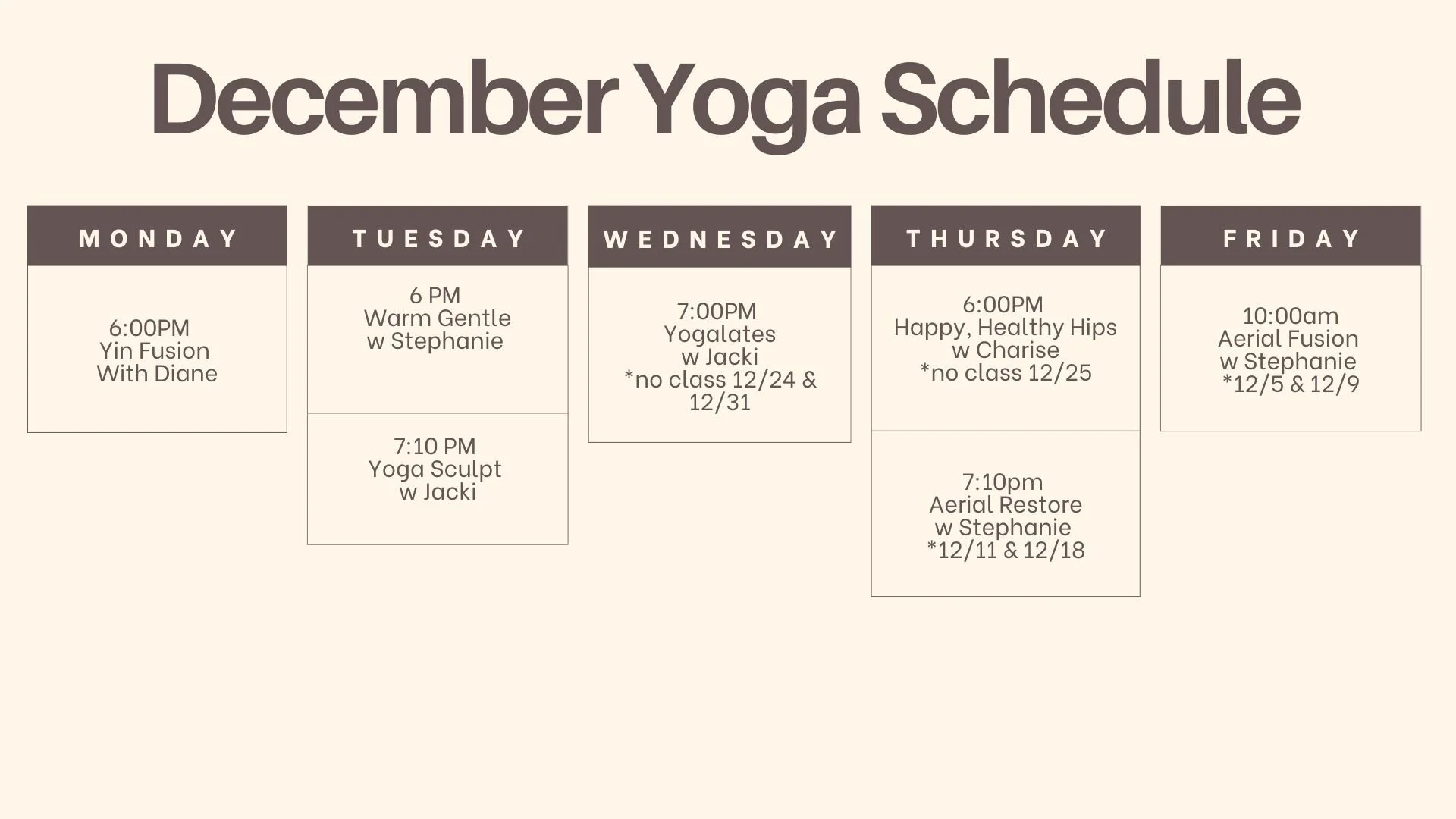 December 2025 Yoga Schedule