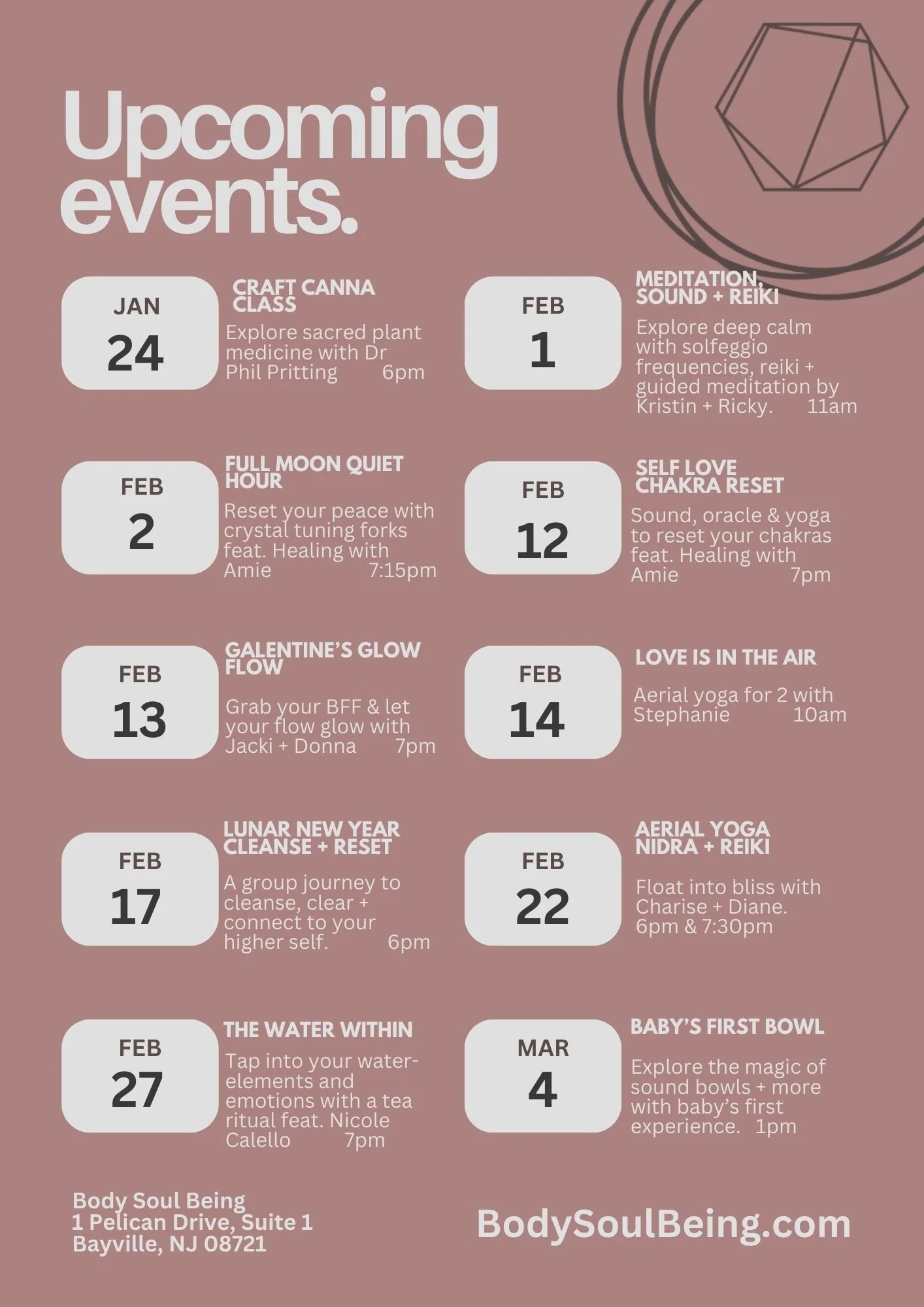 Body Soul Being Event Calendar 2026 flyer