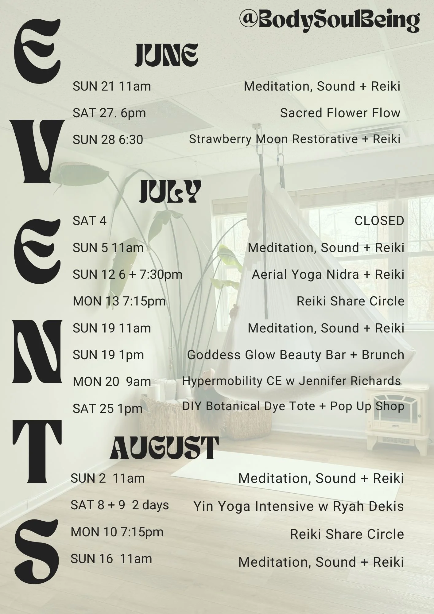 Summer Event Calendar at Body Soul Being