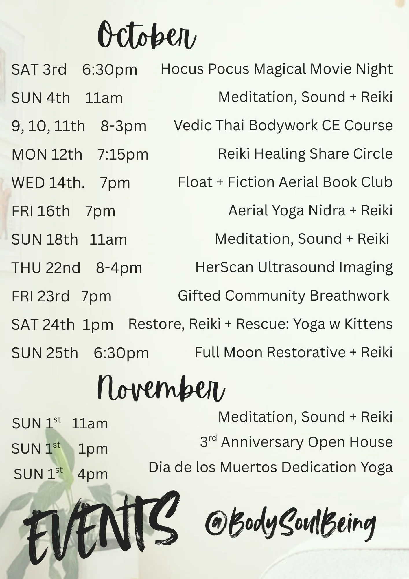 Events Calendar at Body Soul Being