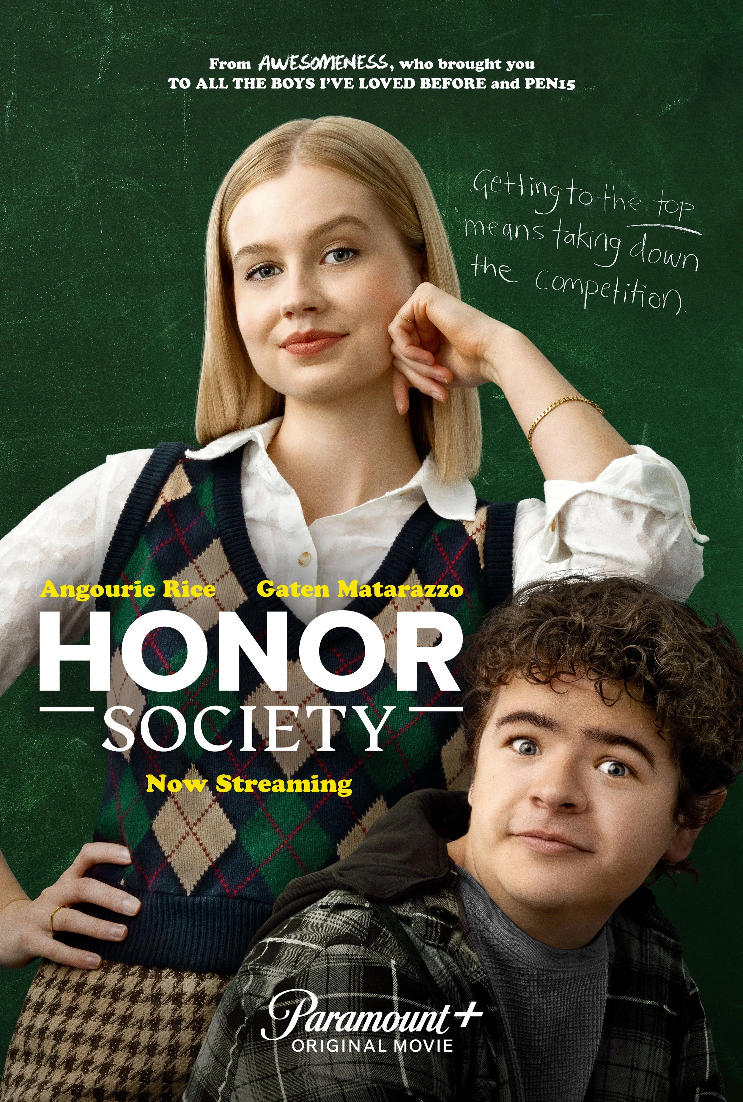 Poster for the movie 'Honor Society' featuring a young woman with blonde hair, wearing a white shirt and a sweater vest, standing with her hand on her face. A young man with curly hair wearing a plaid jacket is in front of her. The background is a gr