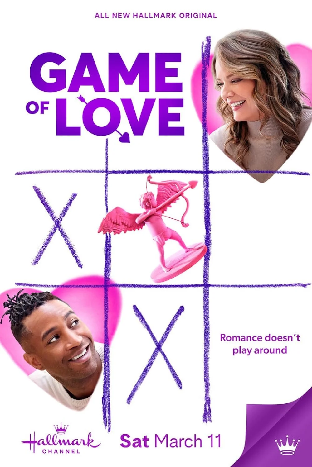 Promotional poster for the Hallmark movie 'Game of Love' featuring two smiling actors, a pink cupid figurine, and a purple tic-tac-toe grid with X's and O's. The text includes the title, premiere date 'Saturday, March 11,' and the Hallmark Channel lo