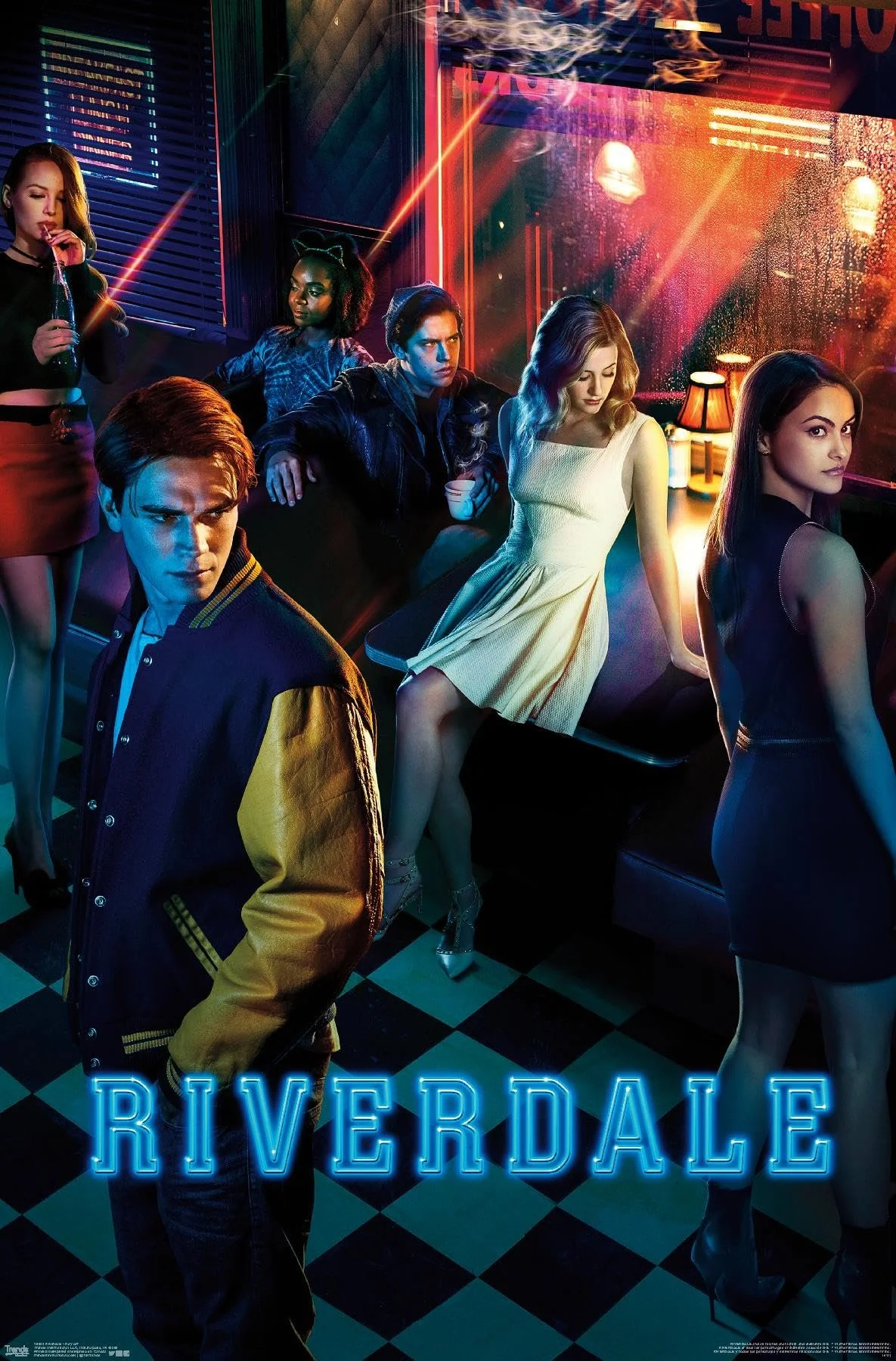 A promotional poster for the TV show Riverdale featuring six young characters in a dimly lit, colorful diner with neon lights, some sitting, some standing, with a checkered floor.