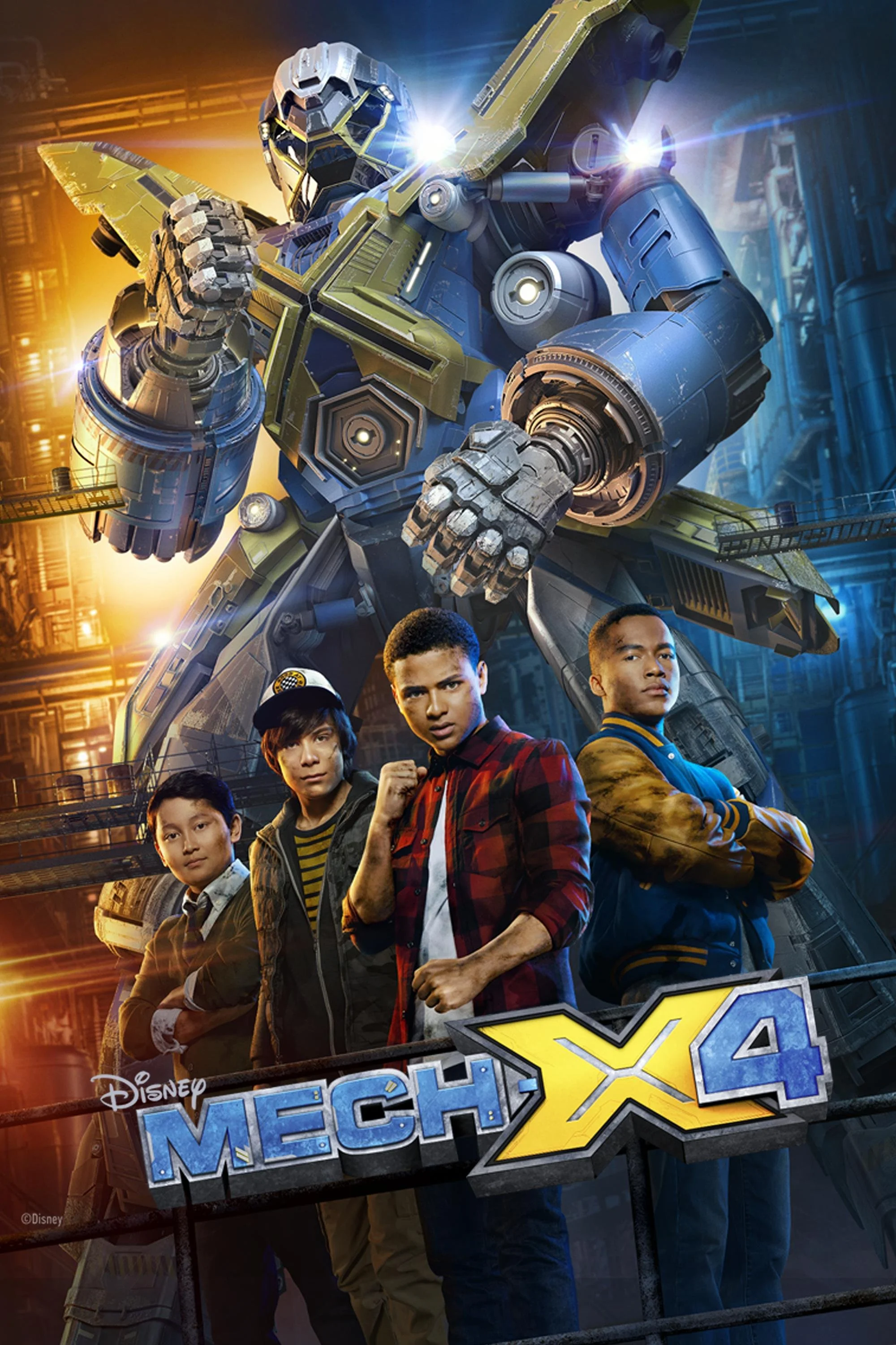 Poster for Disney's 'Mech-X4' featuring four teenagers in front of a giant robot in a futuristic setting.