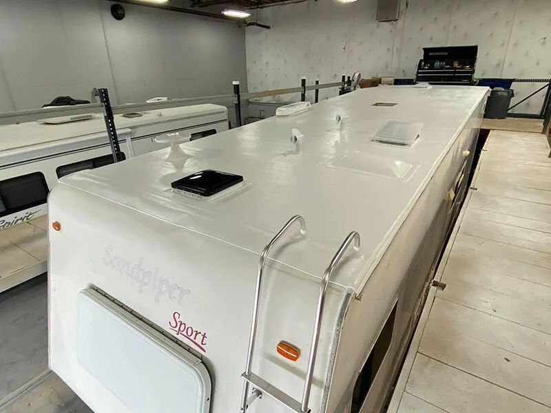 After image showing a seamless, maintenance-free RV roof installed using Maxxseal spray-on roofing. Liberty RV Roofing replaces failing rubber roofs with durable, long-lasting spray-on roof systems designed to prevent leaks and reduce maintenance.
