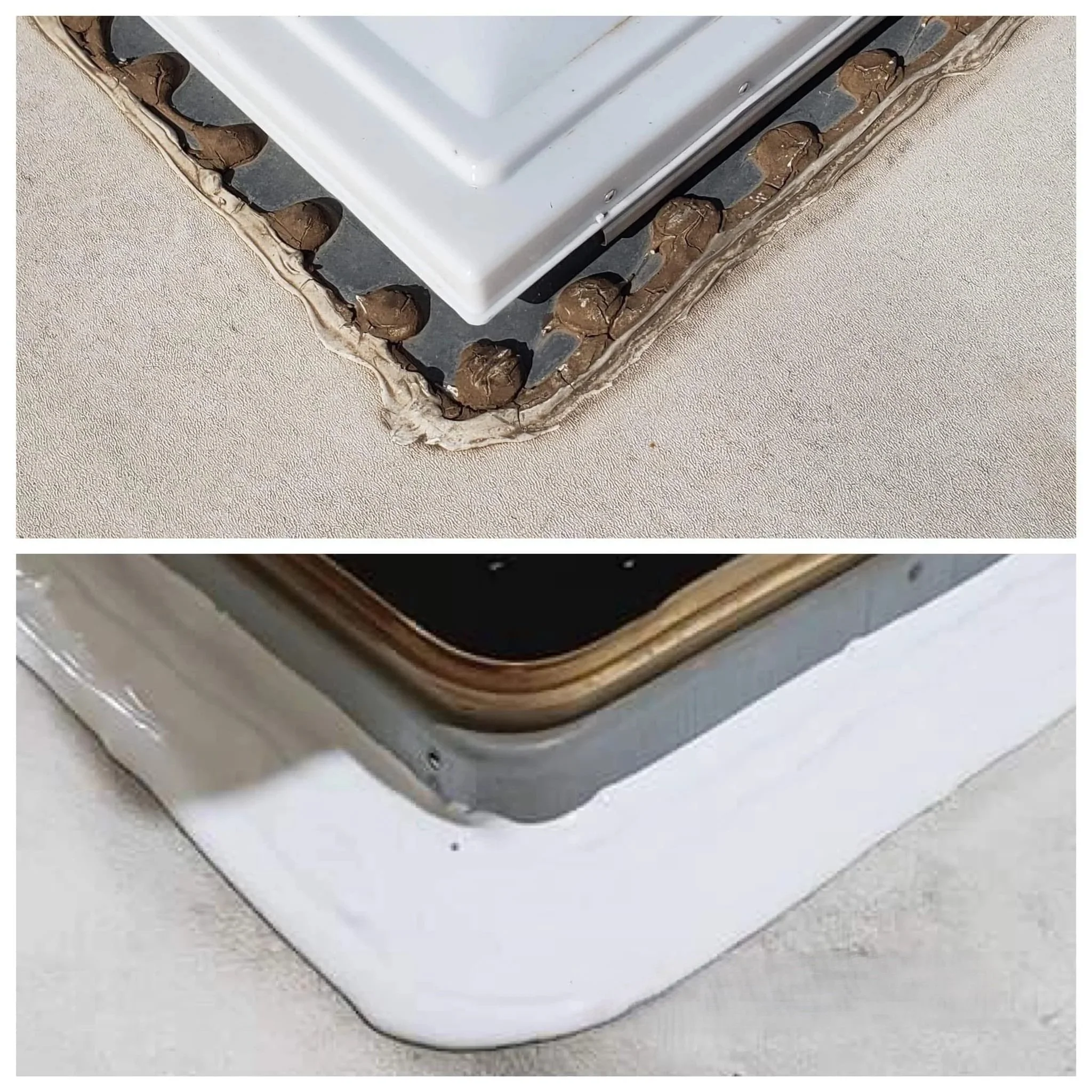 Comparison of the sealant around a roof vent before and after using Maxxseal SSL Semi Self Leveling Sealant.