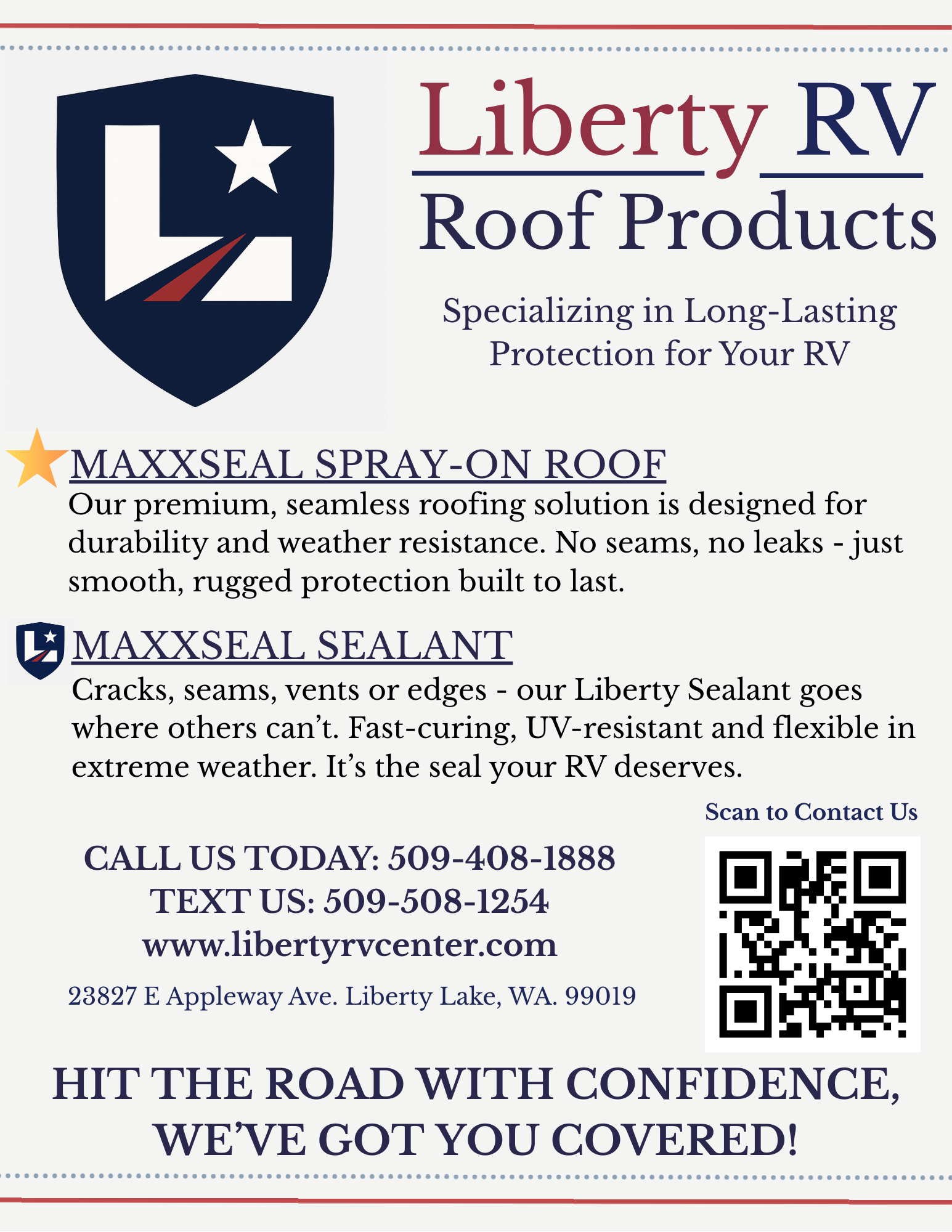 Contact for Liberty RV Roof Products featuring Maxxseal Spray-On Roof and Maxxseal Sealant, contact info, and a QR code.