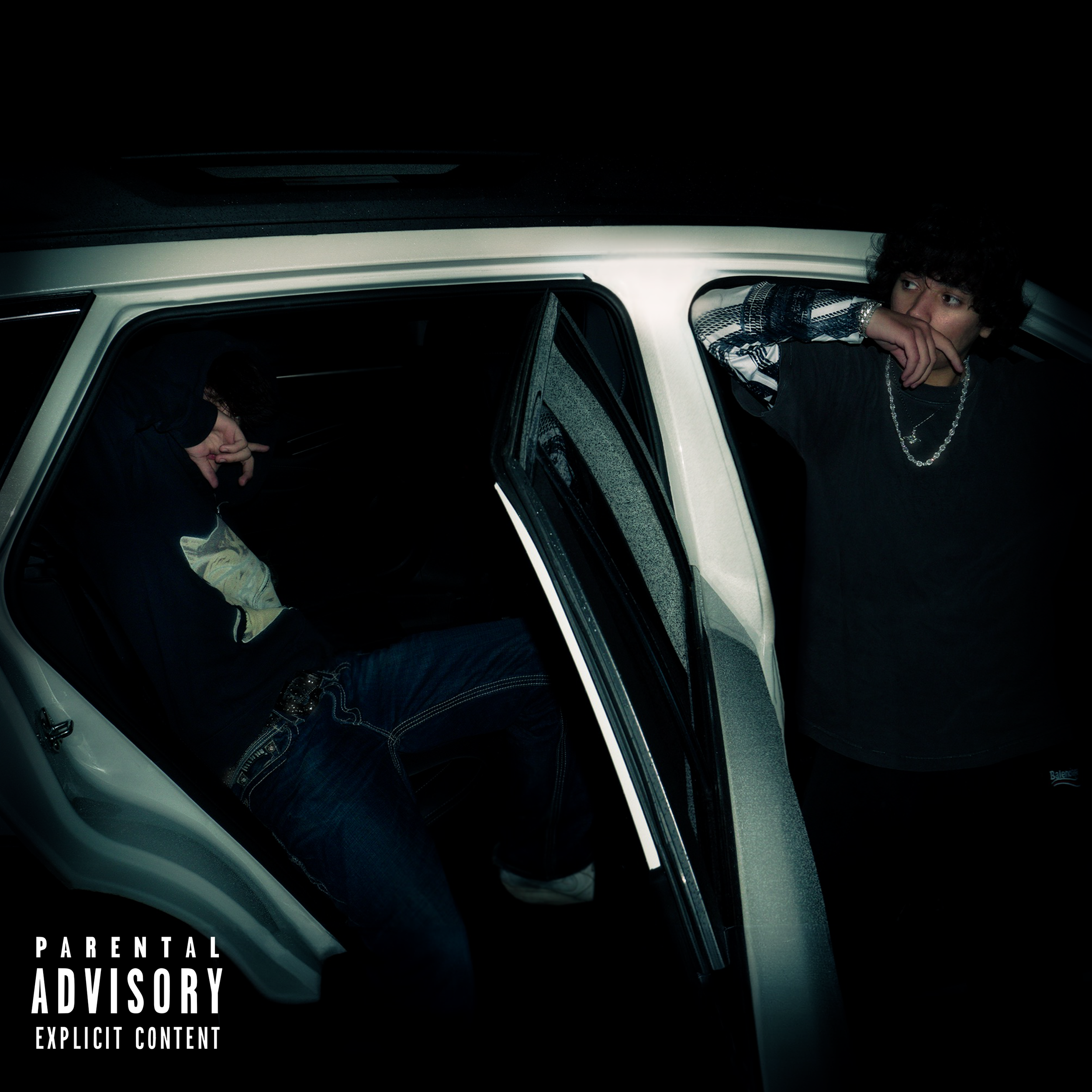 Bimpin & The Big Kipp (PIN cover art) in a white car at night, with one sitting inside and the other leaning against the car door. Parental Advisory sticker in the corner.