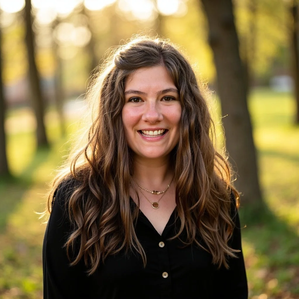 A young woman with long wavy brown hair smiling outdoors in a park with trees and sunlight in the background.