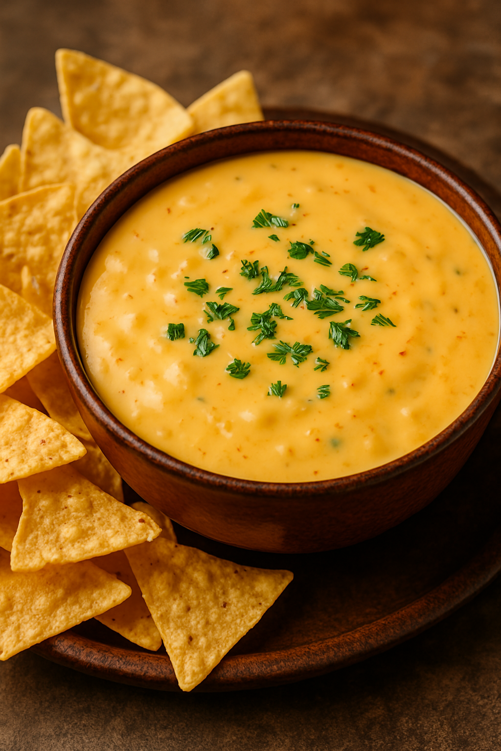 Cheese dip garnished with herbs in a bowl next to tortilla chips on a plate.