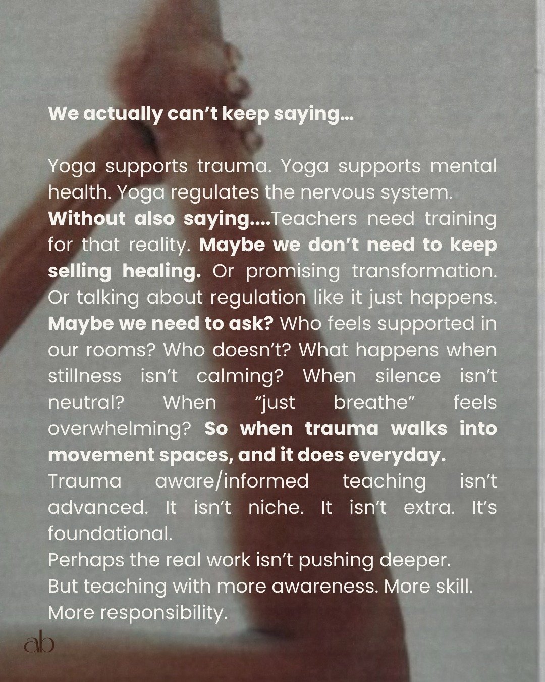 If we&rsquo;re going to say yoga supports mental health and trauma, then trauma aware &amp; informed teaching isn&rsquo;t an add-on.

It&rsquo;s the standard. It's essential. 

Opportunities to learn the HOW &amp; WHY - Sunshine Coast in person train