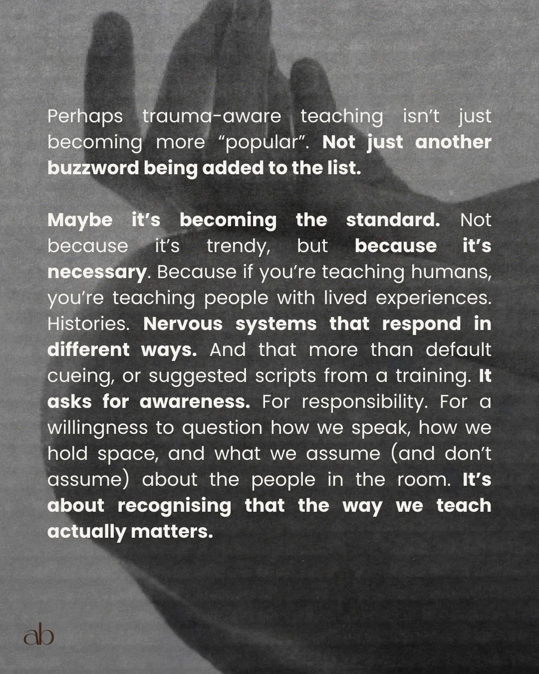 Trauma-aware teaching isn&rsquo;t about having all the answers, nor is it making promises about "healing trauma" (its absolutely not this) And it&rsquo;s not about positioning yourself as an expert in trauma - its about respecting your scop