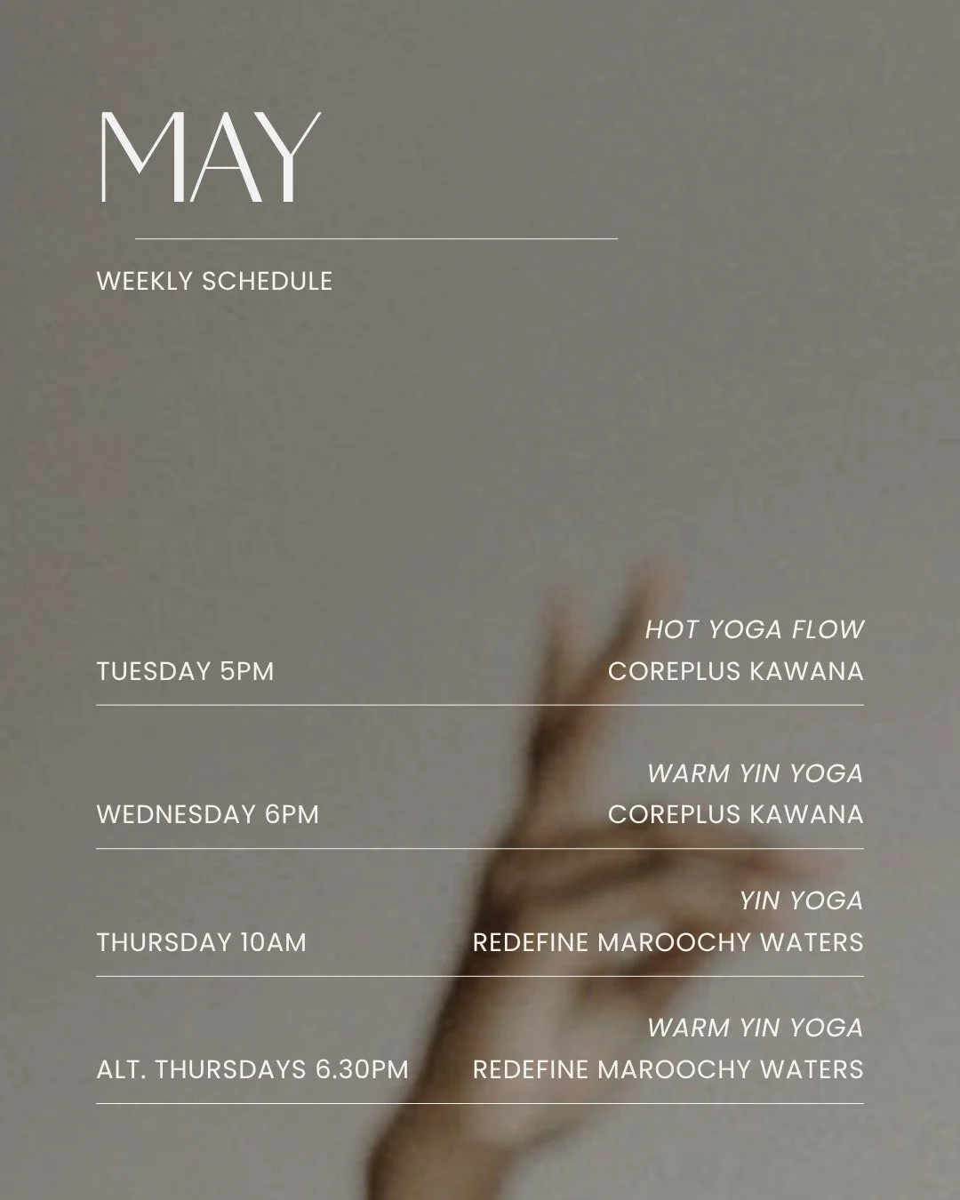 My usual spots and and 2 events - which are both sold out &amp; waitlisted. 

And I'm also doing my Pilates teacher training......May is looking good ✌️