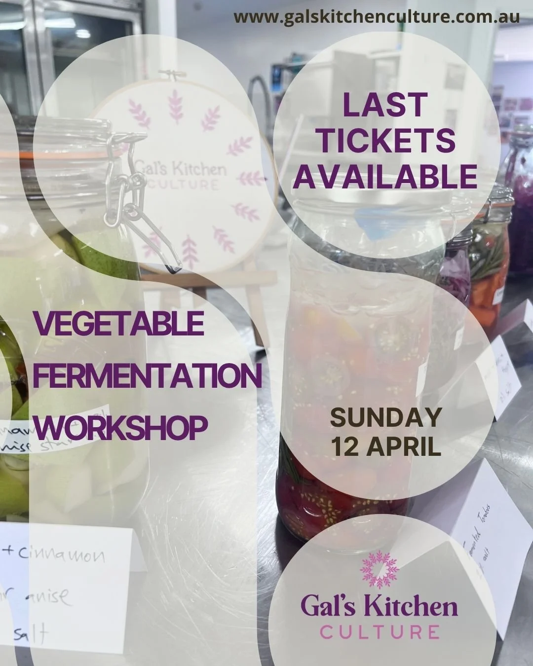 Last few tickets available for the Vegetable Fermentation Workshop this Sunday - is one of them yours?

📅 When: April 12th, 10:00 AM
📍 Where: PLC Hospitality Unit, Armidale
💲Cost: from $89
🎟️ https://www.trybooking.com/events/landing/1544867, lin