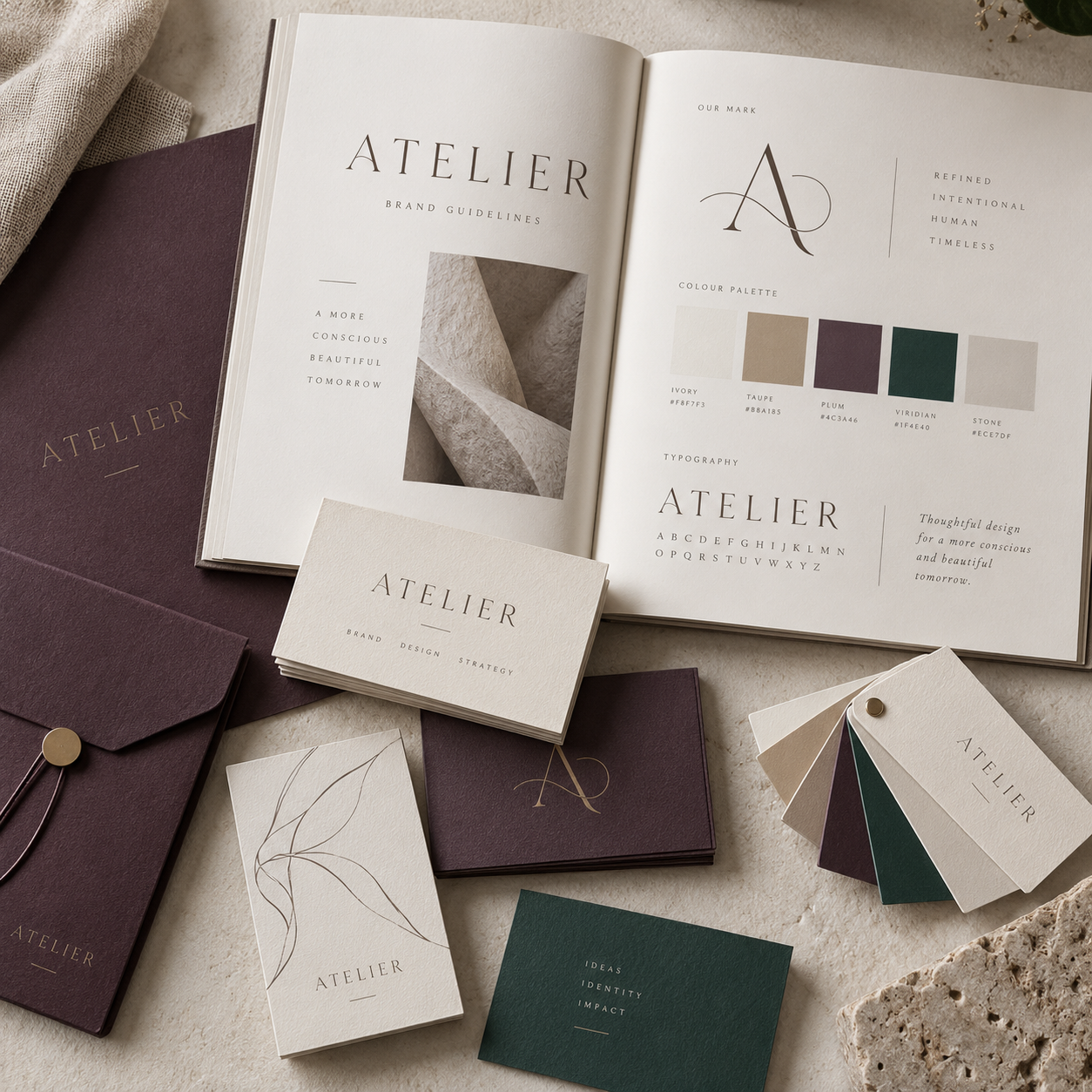 Branding and visual identity materials for ATELIER, including a logo guide, color palette, typography samples, business cards, envelopes, and color swatches arranged on a neutral surface.