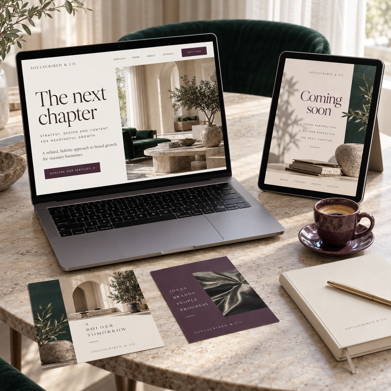 A workspace with a MacBook displaying a website that says 'The next chapter' and an iPad with a screen that says 'Coming soon', on a marble table. There are various papers, a white notebook, a pen, a cup of coffee, and sunlight coming through curtains.