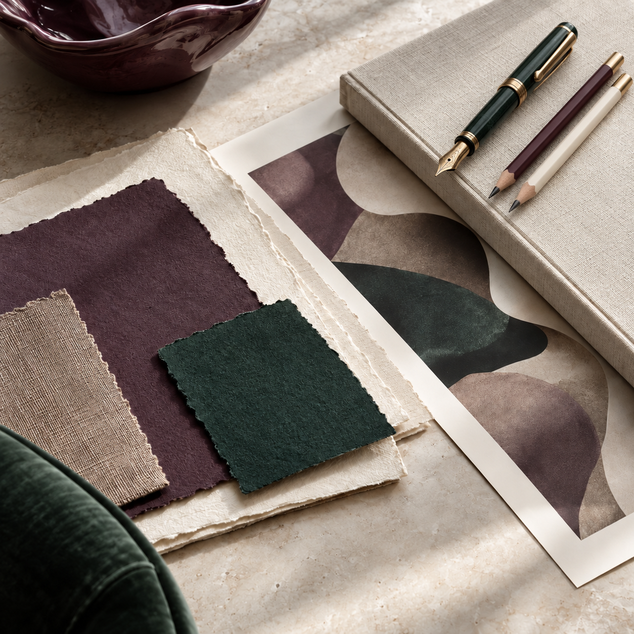 Sample fabric swatches, a sketchbook, a pen, two colored pencils, and an abstract art print on a table