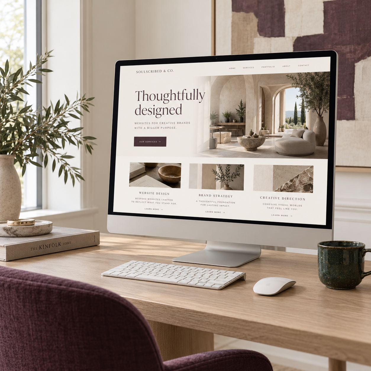 Computer monitor displaying a website for an interior design company called Soulscribed & Co, with a minimalist home interior and service descriptions. The desk holds a book titled "The Kinfolk Home," a potted plant, a mug, a keyboard, and a mouse, with a purple chair in the foreground and a window in the background.