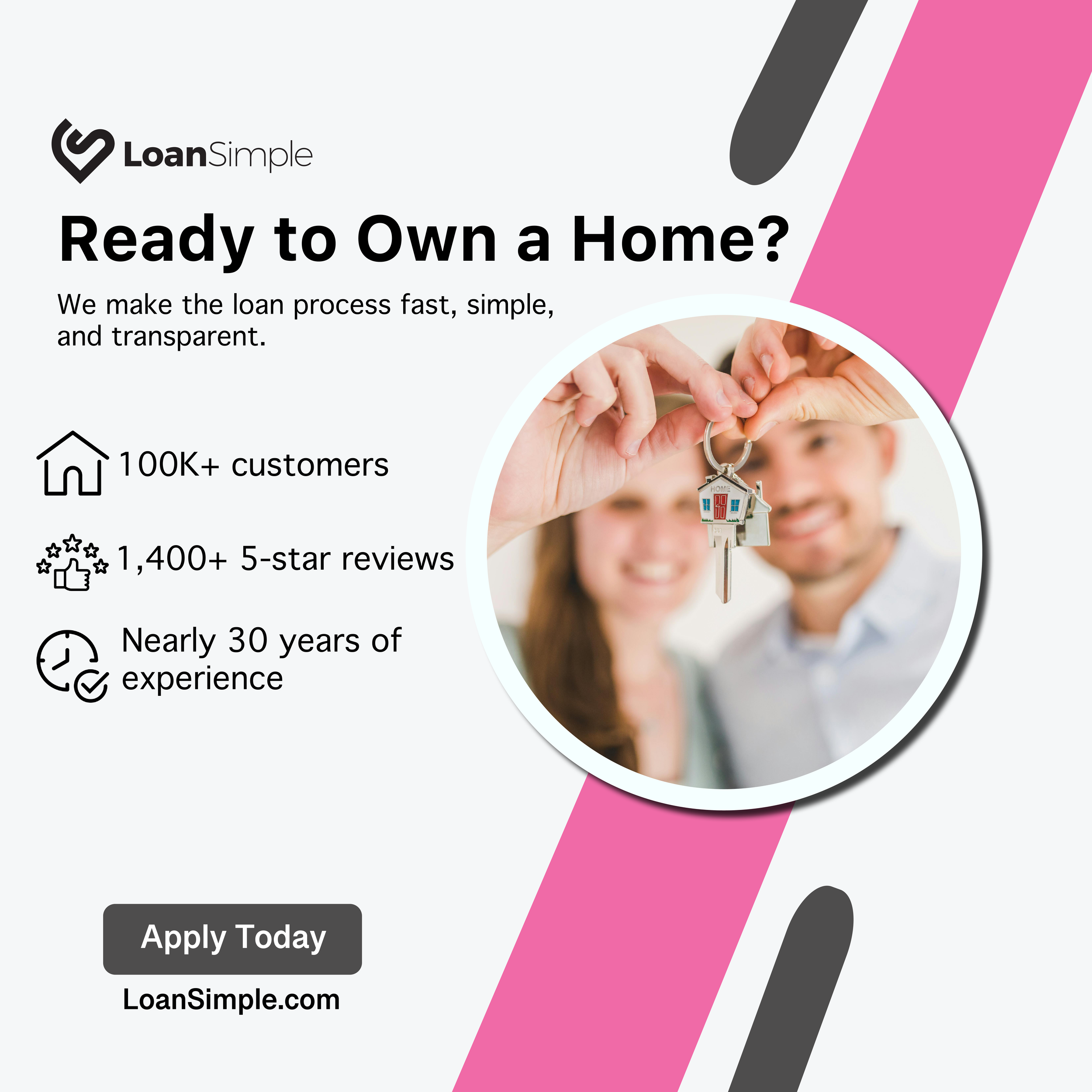 Advertisement for LoanSimple featuring a smiling couple holding house keys with a house-shaped keychain, details about customer base, reviews, and experience, and a call-to-action button to apply.