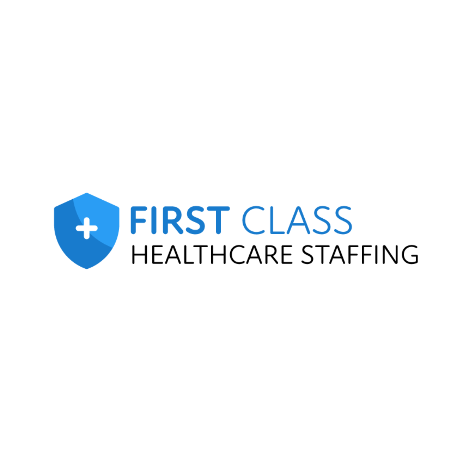 Logo of First Class Healthcare Staffing with a blue shield icon and cross symbol.