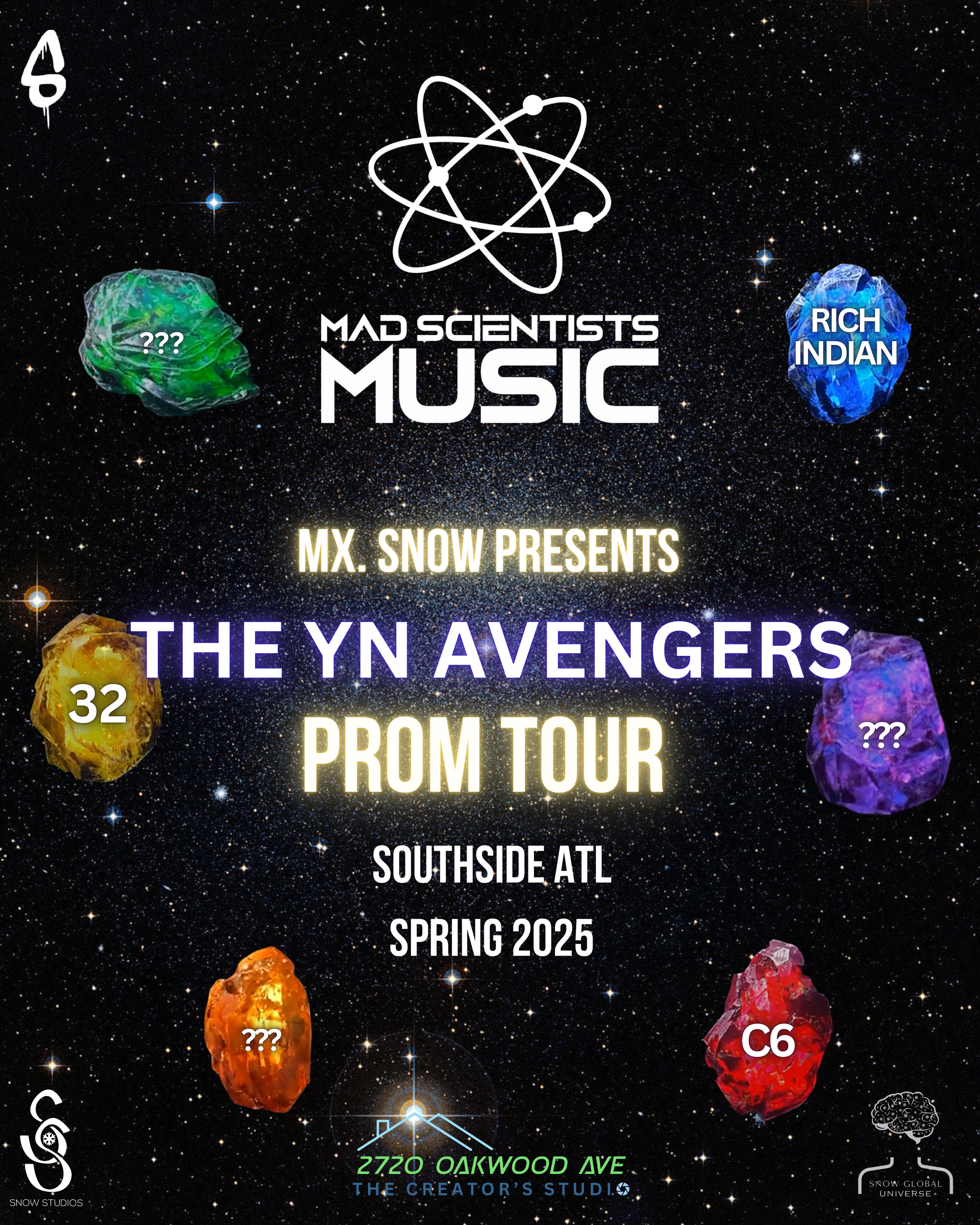 Poster featuring 'Mad Scientists Music' logo with atomic symbol, promoting 'The YN Avengers Prom Tour' by Mx. Snow. Scheduled for Spring 2025 in Southside ATL at The Creator's Studio. Background has colorful gemstone graphics with text labels.