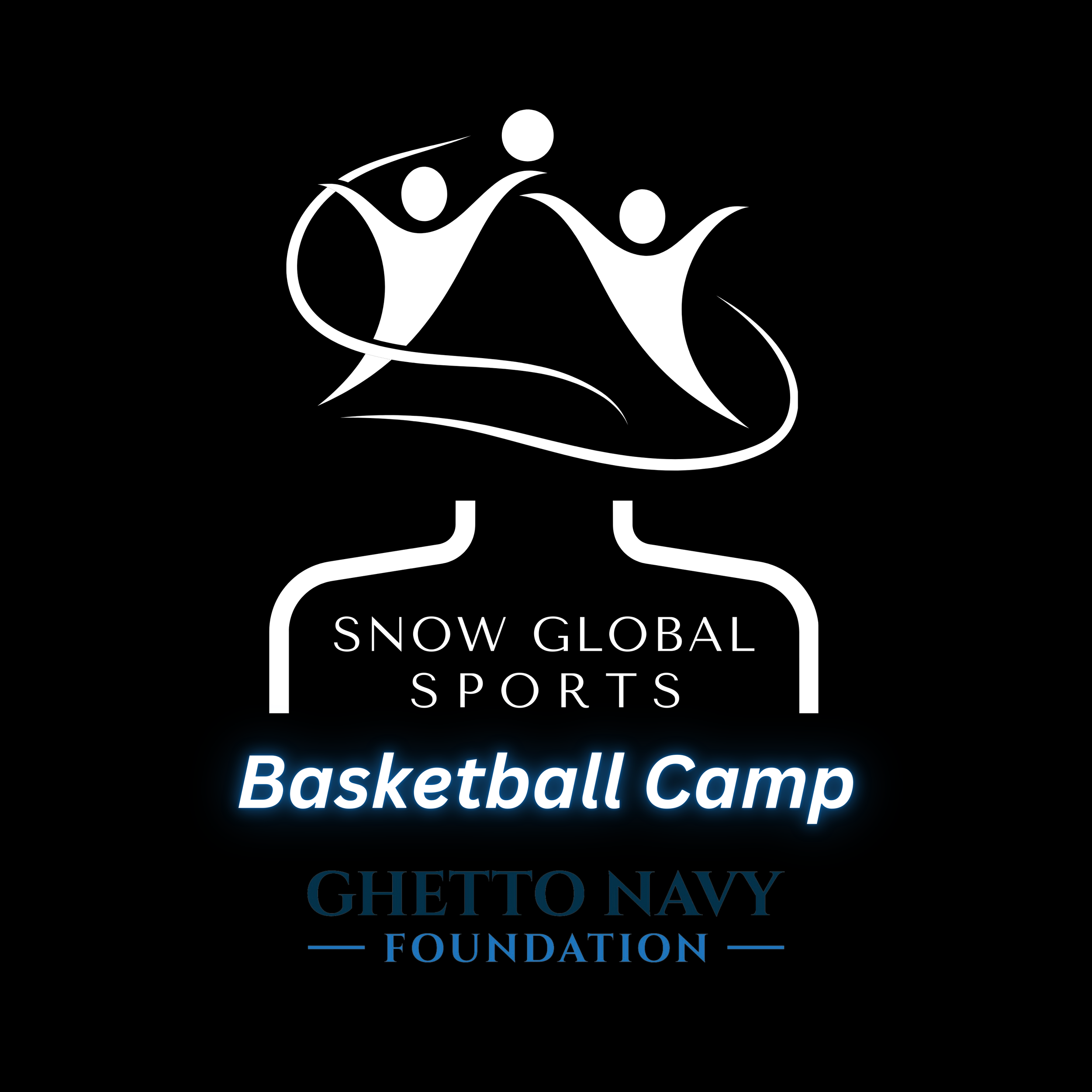 Logo of Snow Global Sports Basketball Camp and Ghetto Navy Foundation with abstract figures and basketball imagery