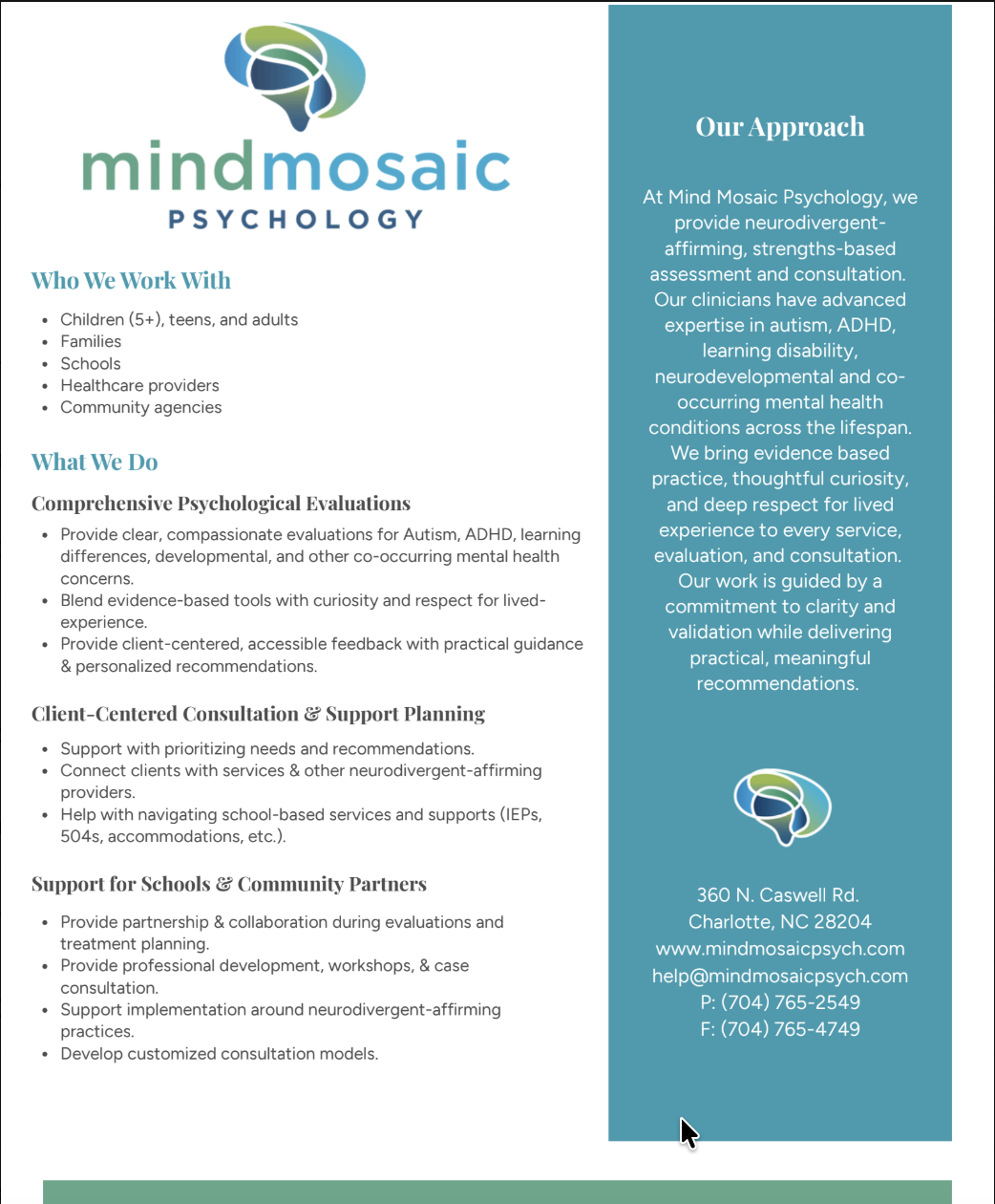 Click to download our services overview handout. This document provides an overview of comprehensive evaluation, consultation, and therapy services at Mind Mosaic Psychology.