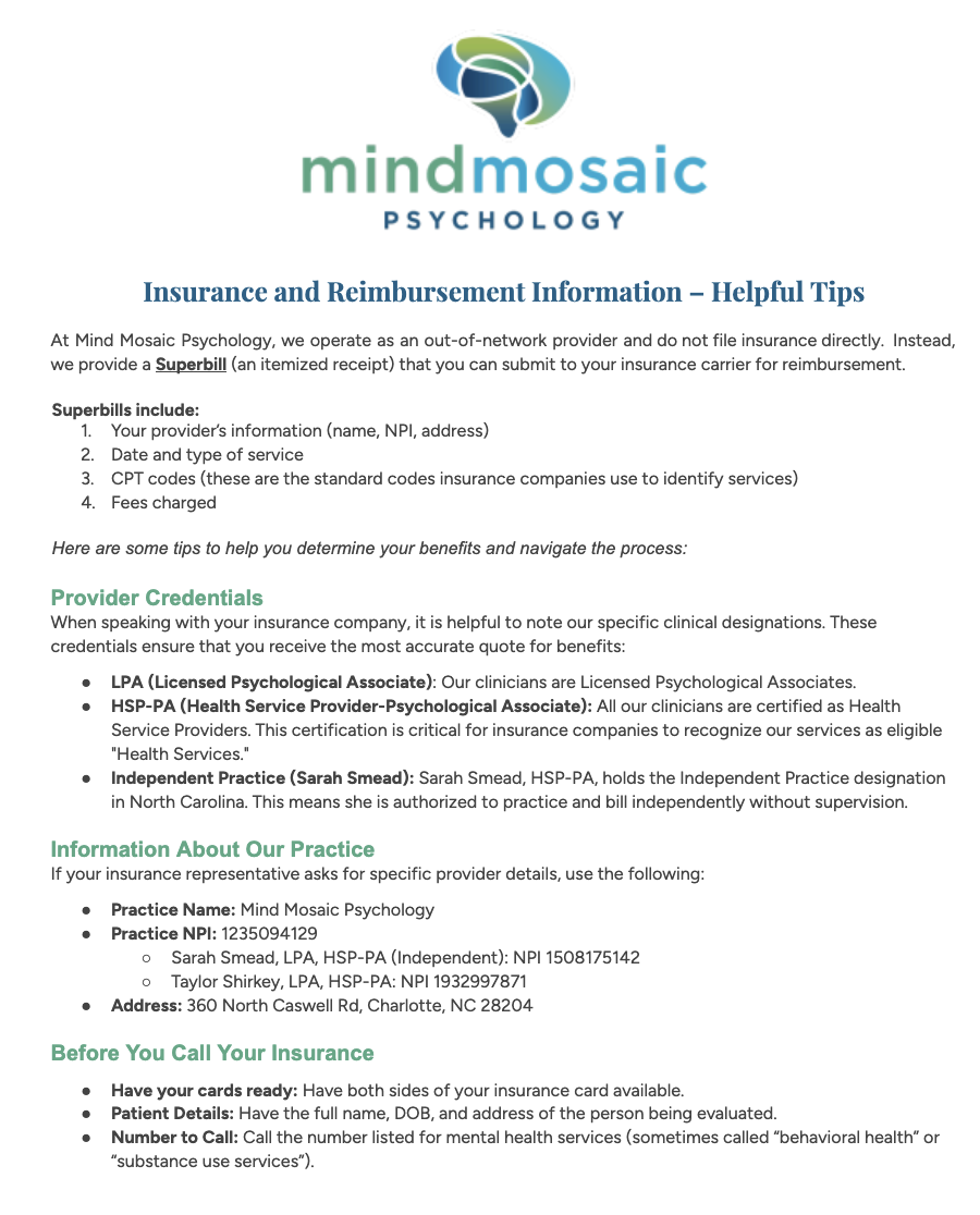 Help with navigating insurance from Mind Mosaic Psychology