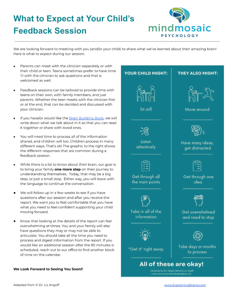 Information sheet titled 'What to Expect at Your Child's Feedback Session' from Mindmosaic Psychology, detailing what parents can expect and how their child might behave during the session, with a list of potential child behaviors on the right side.