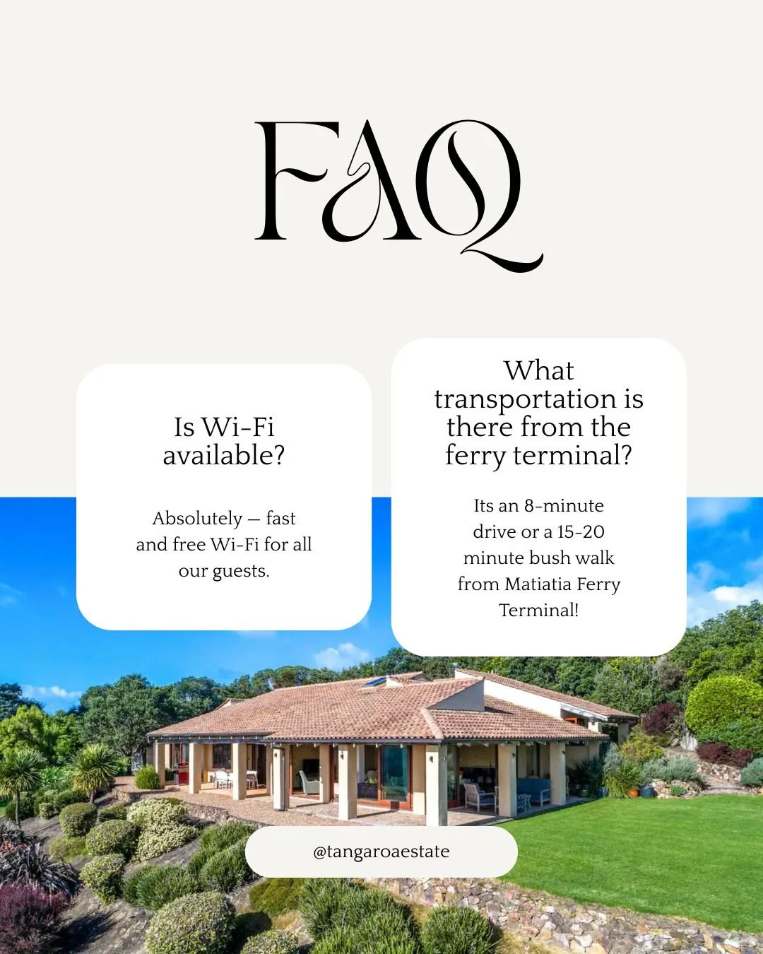 We love answering your questions to help make planning your stay effortless. Whether it&rsquo;s about getting here or staying connected, we&rsquo;ve got you covered.
Any more questions feel free to leave us a message!
#TangaroaEstate #WaihekeIsland #