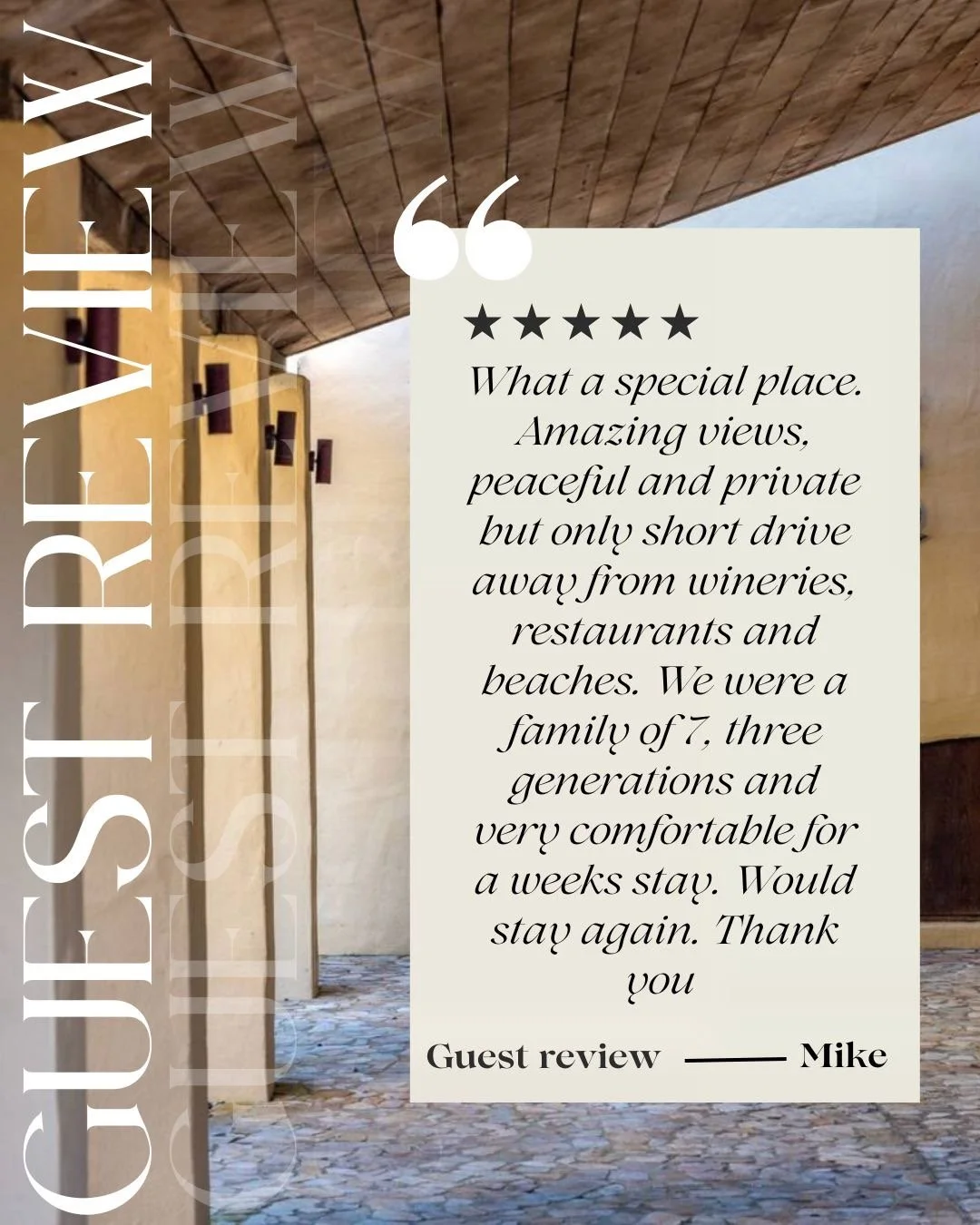 GUEST REVIEW

We love hearing feedback like this! Tangaroa Estate is designed to be peaceful, private, and perfectly placed (Close to Waiheke&rsquo;s best beaches, wineries, and restaurants).

We want to thank all our guests and families for choosing