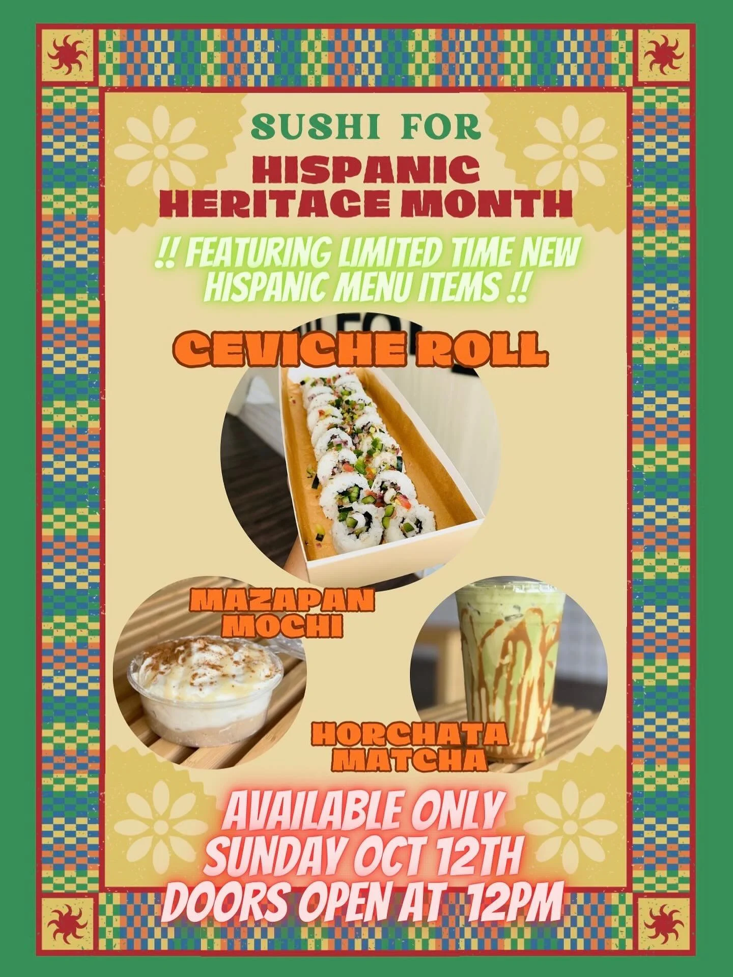 FREE SINGLE ROLL FOR THOSE IN LINE AT 12PM! 😍🍣🥢 

Come on down to Sushi for this Sunday 10/12 @ 12PM for our Hispanic Heritage Month Special! In honor of Hispanic Heritage Month, Sushi For has put together a special Japanese-Hispanic fusion menu t