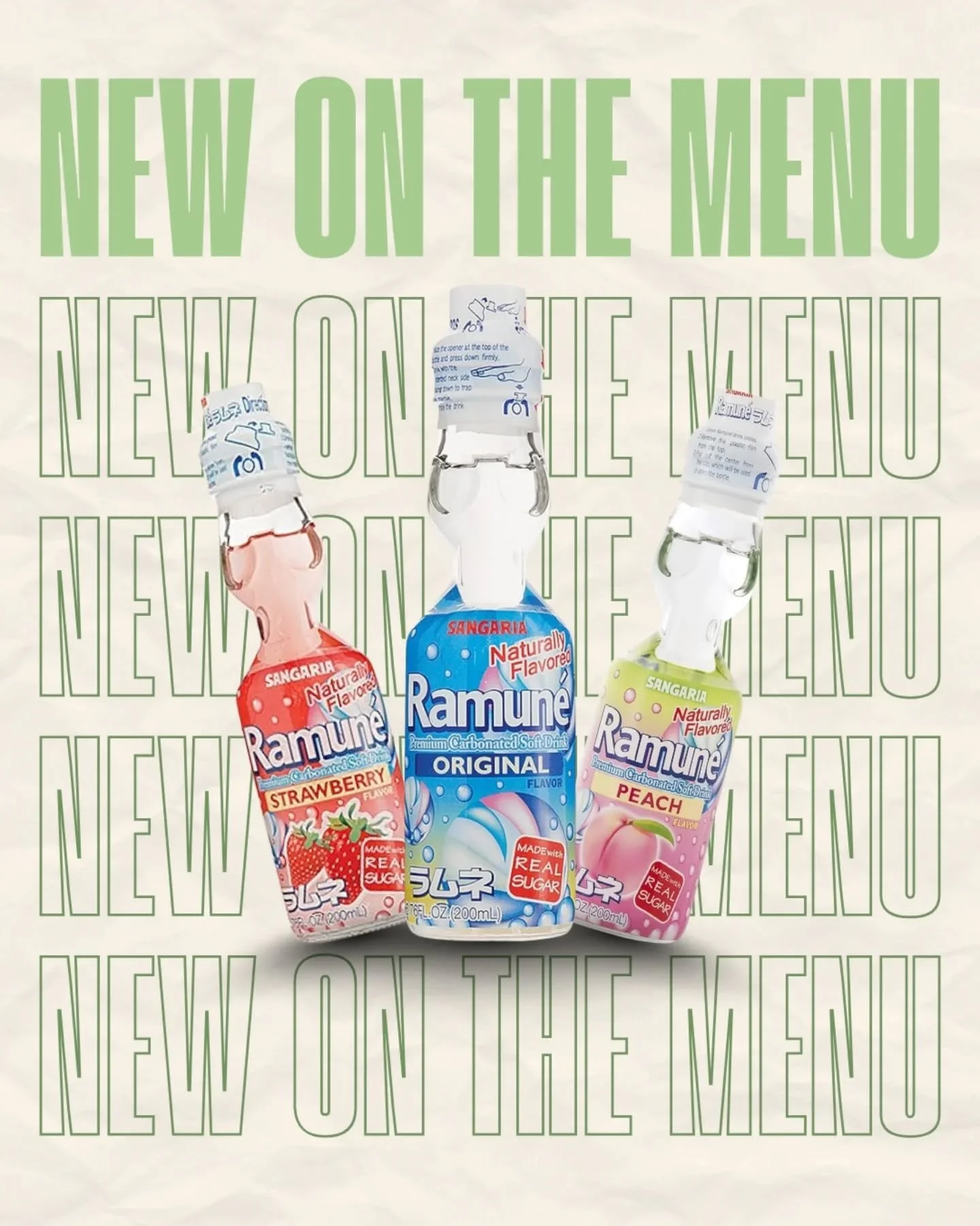 Swipe to see what's new 👀👇

We officially added Ramune to the menu &mdash; now in Original, Strawberry, and Peach flavors. 🤍

Plus new soda flavors including Coke Zero, Diet Coke, and Dr. Pepper for everyone that kept asking for it 😭🥤✨️

📍12379
