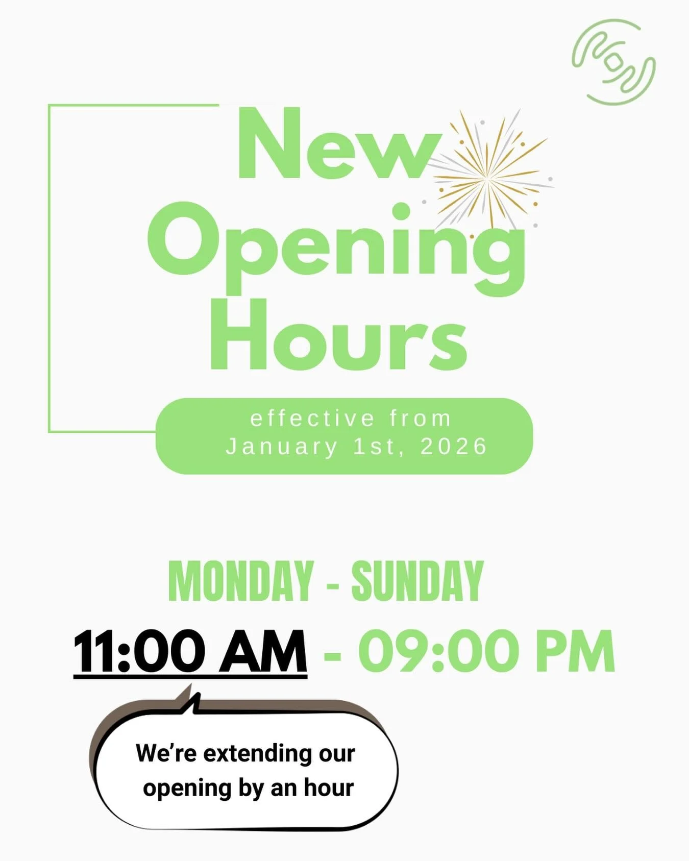 🎉 New Year, new hours!
Starting January 1, we&rsquo;ll open at 11AM (instead of 10AM).
Closing time stays the same: 9PM ✅
New hours: 11AM&ndash;9PM 🍣✨
See you in 2026! 💚