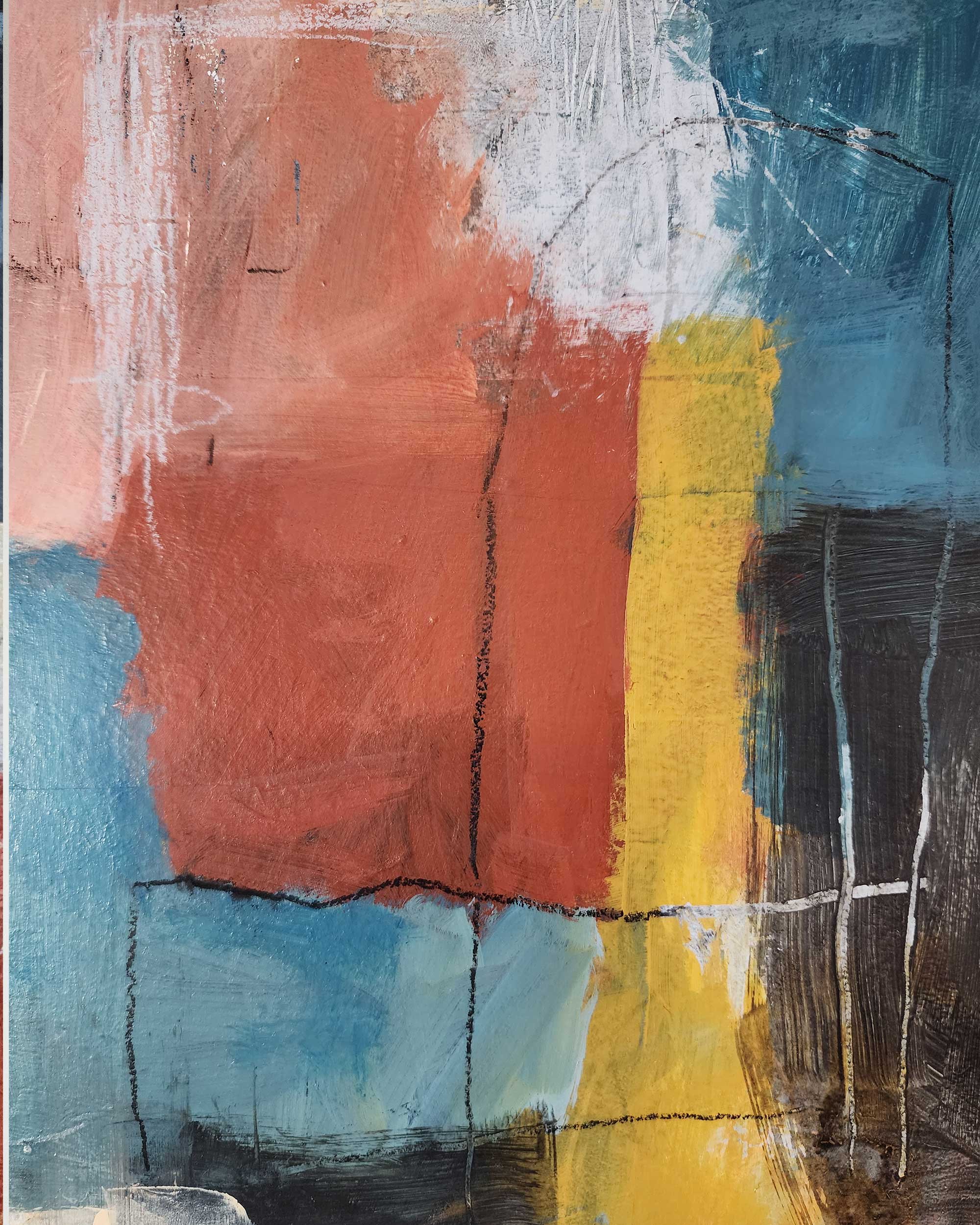 Close-up of Measured Presence abstract artwork highlighting muted color fields, charcoal tones, and subtle pastel line work on wood panel.