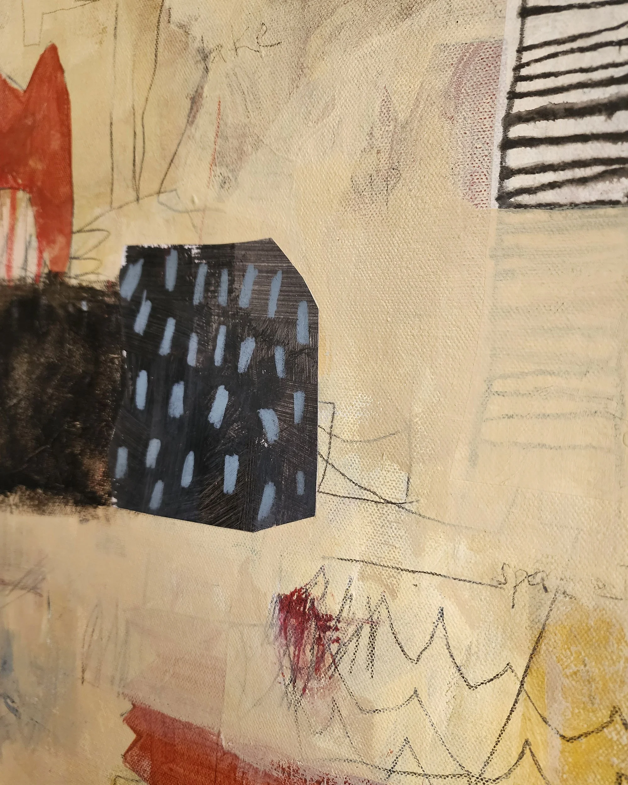 Detail of Take Up Space showing graphite lines, red forms, and layered acrylic textures on canvas.