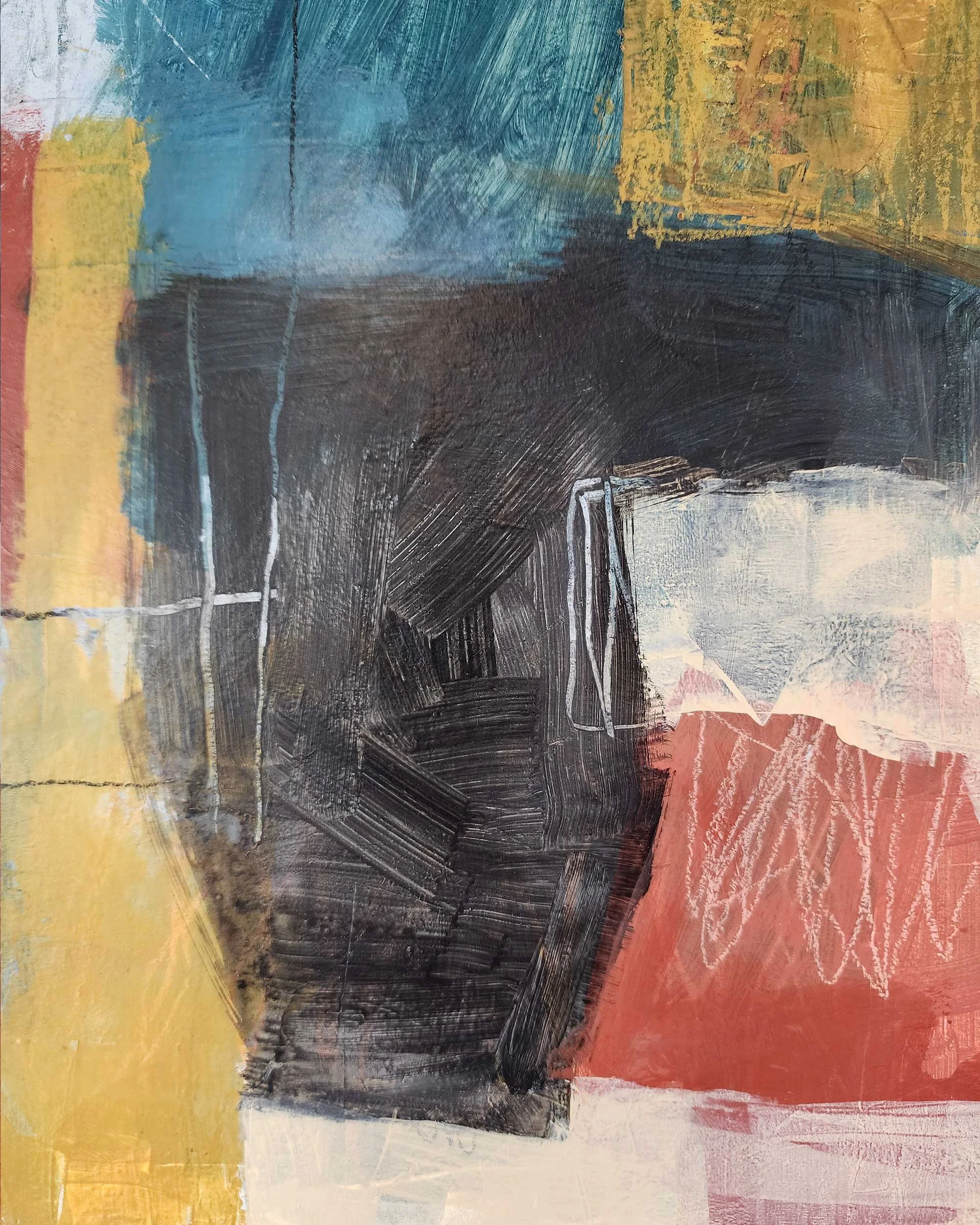 Detail of Measured Presence abstract painting showing layered acrylic and pastel textures with soft edges, visible brushstrokes, and restrained color transitions.