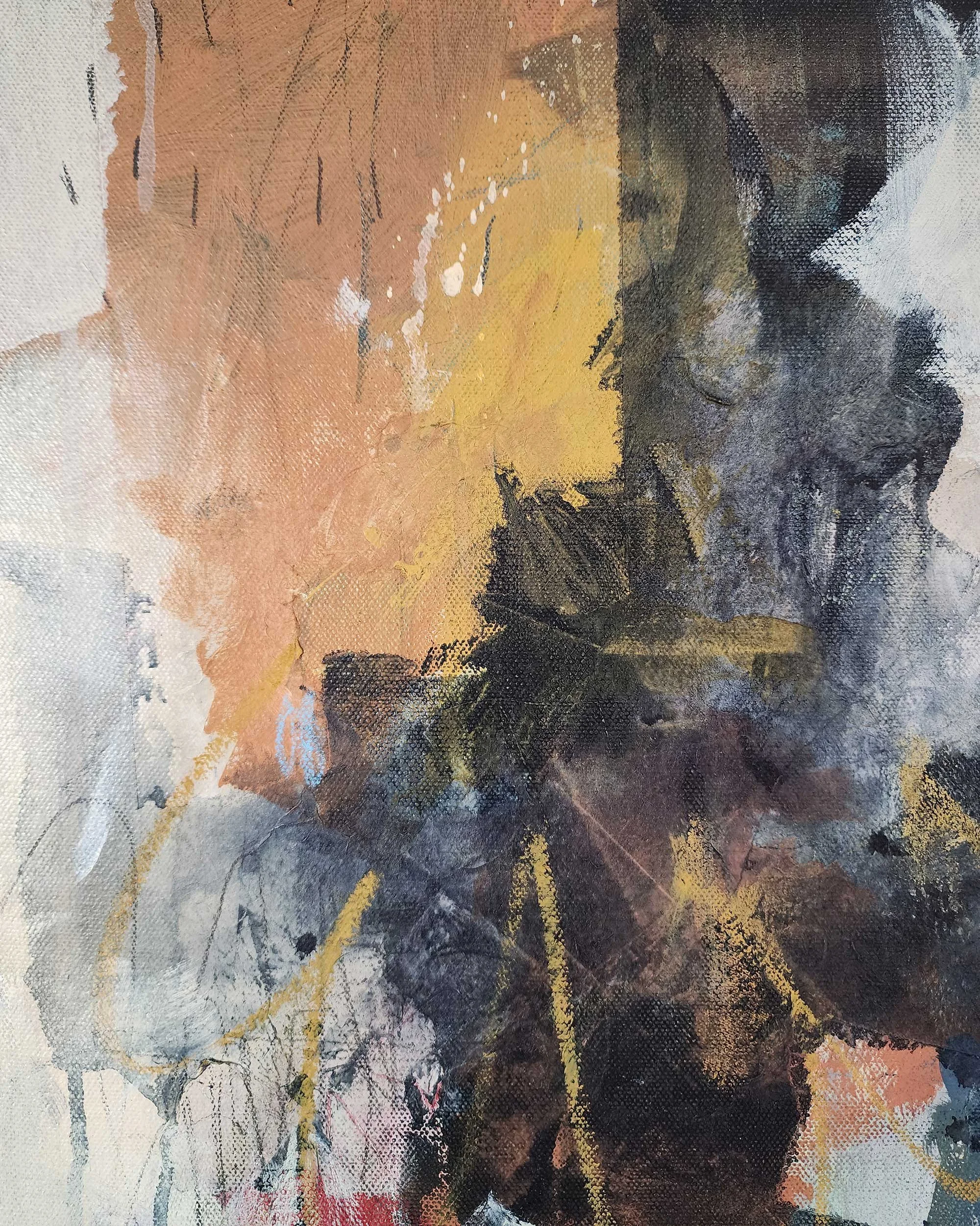 Close-up detail of From Stone to Flesh, an abstract mixed media painting by Adrianne Johnson, revealing layered paint, pastel, and subtle linework.