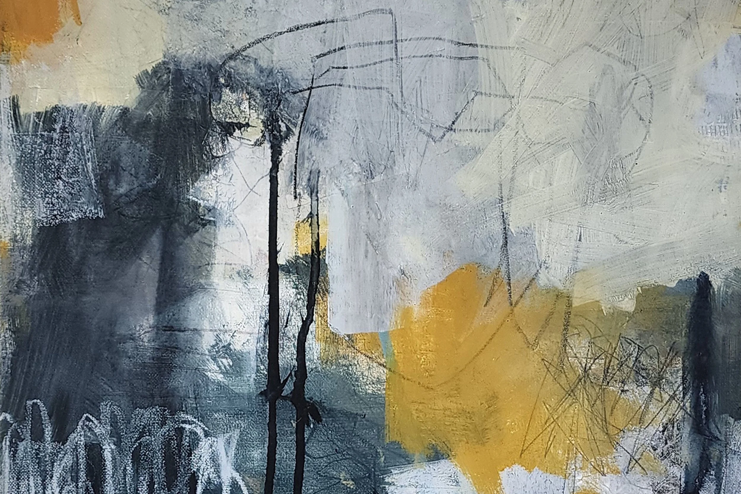 Detail of Redeemed by Adrianne Johnson. Abstract painting with black, white, yellow, and blue hues, featuring textured brushstrokes, black lines, and layered geometric shapes.