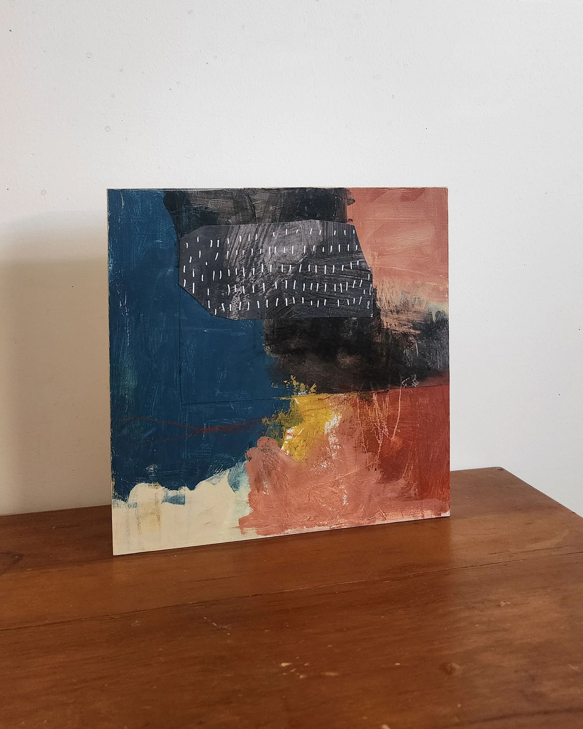 Practice, 8x8 abstract mixed media painting on wood by Adrianne Johnson, featuring layered collage, acrylic, and pastel with muted blue, rust, ochre, and charcoal tones.