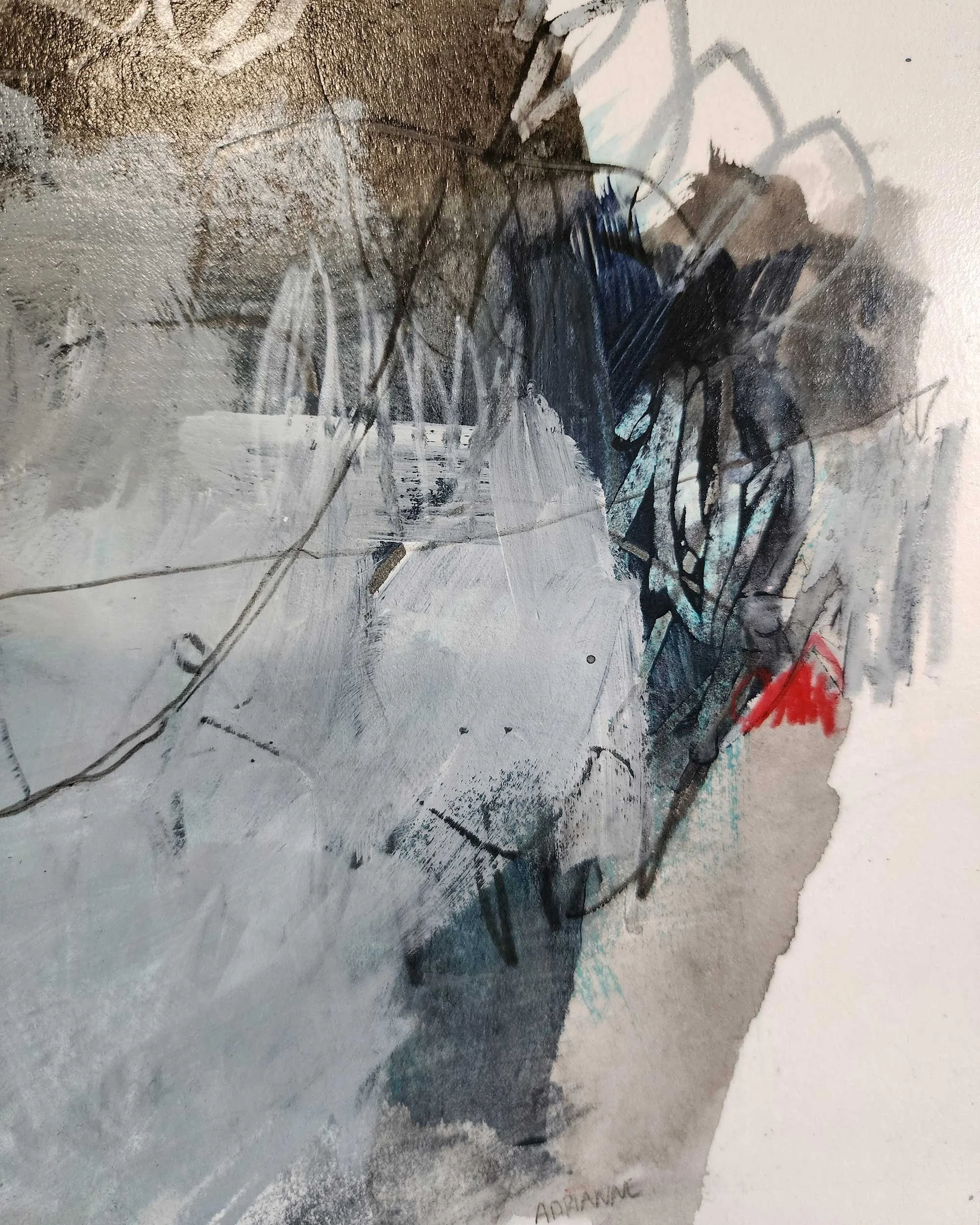 Close-up detail of layered mixed media textures in Between Lament & Light