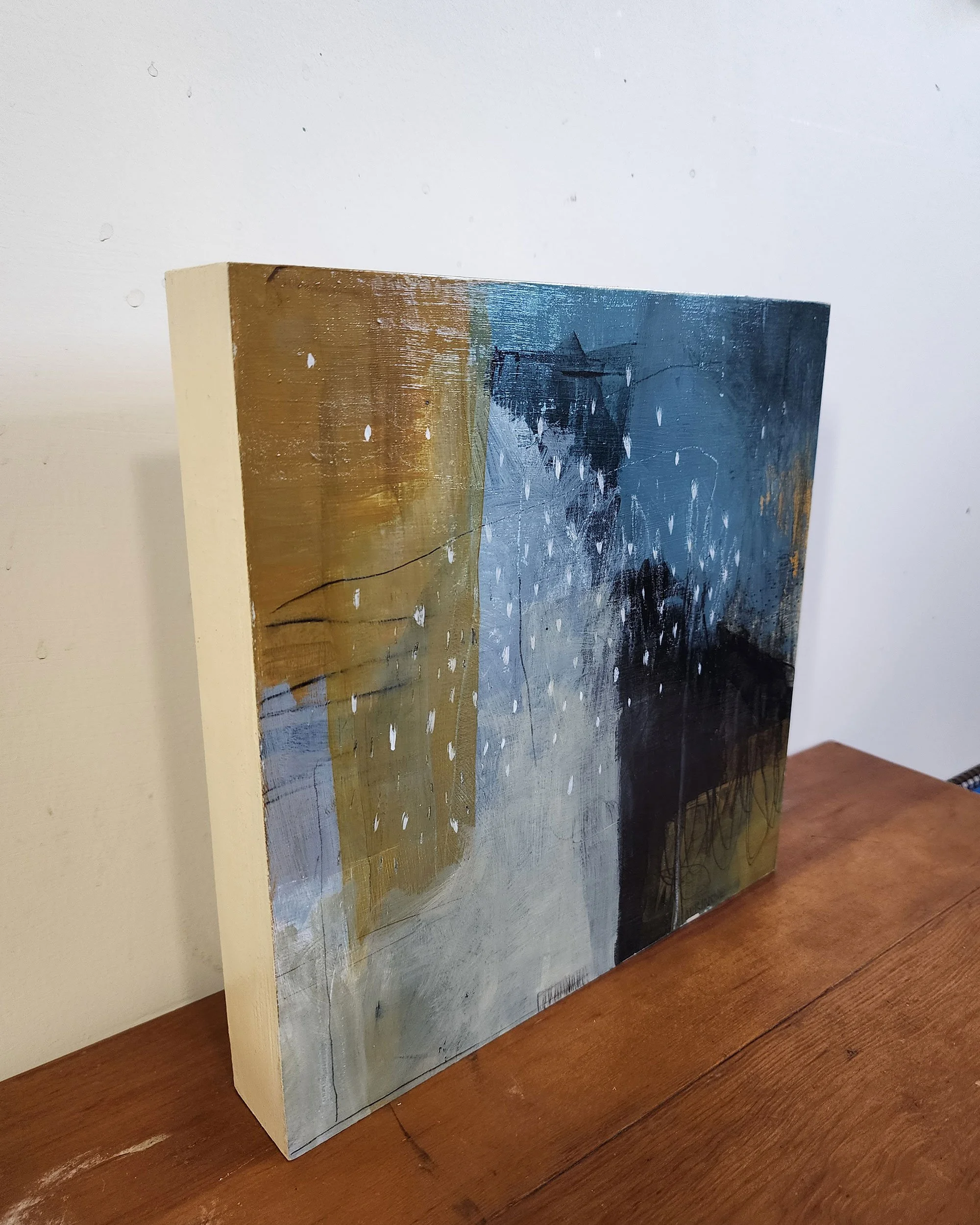 Side detail of The Way Grace Arrives, abstract mixed media artwork showing surface texture and line.