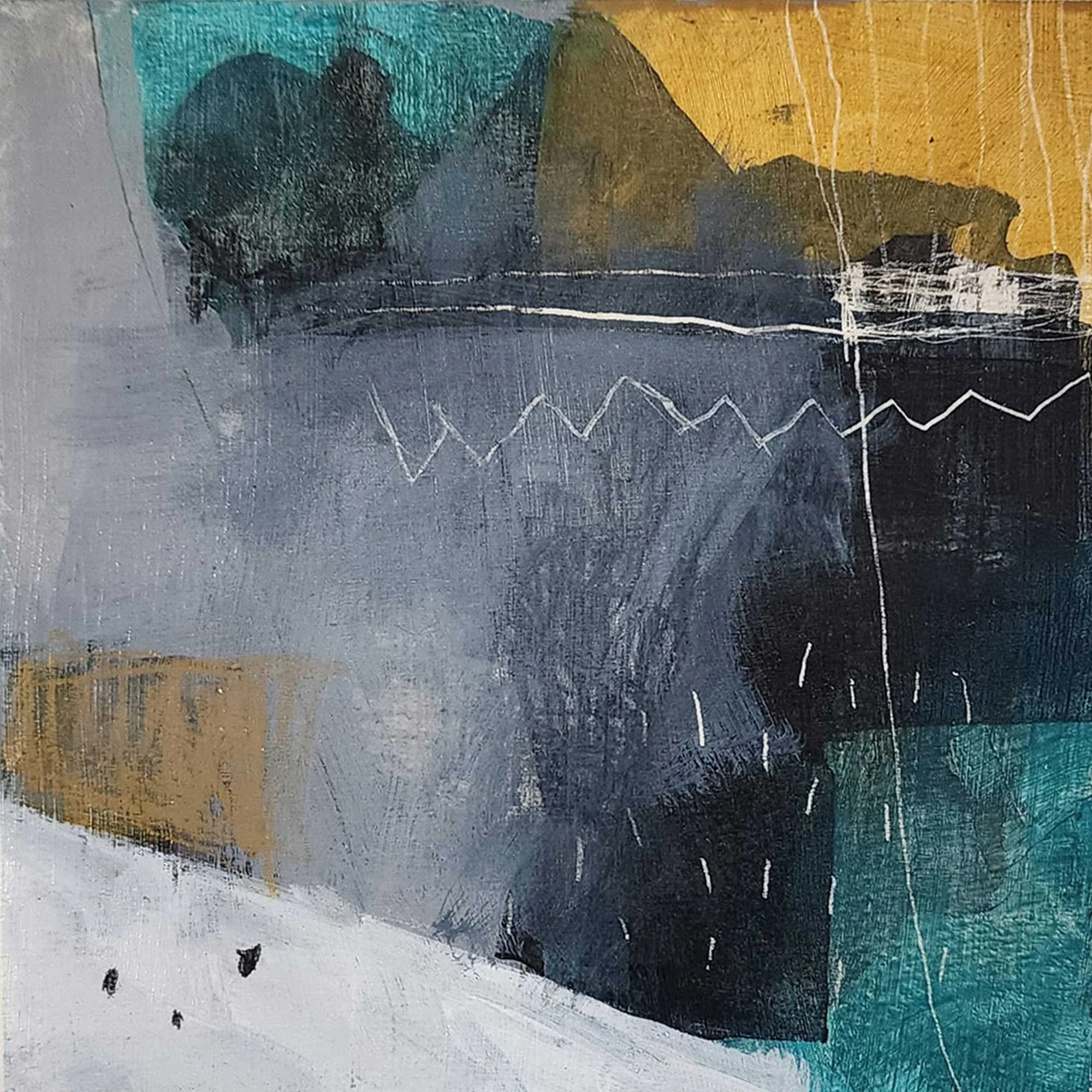 Abstract painting with shades of gray, black, green, and gold, featuring lines and geometric shapes.