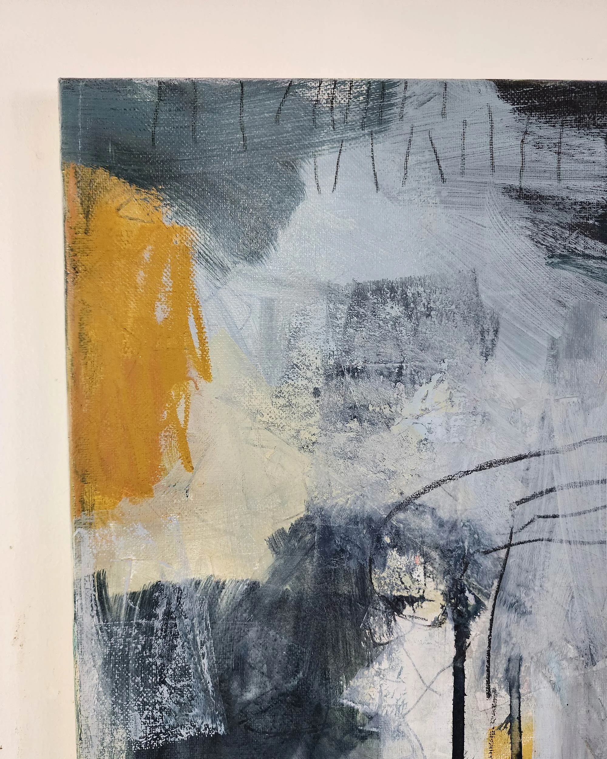 Close-up detail of Redeemed, abstract mixed media artwork showing surface texture and line.