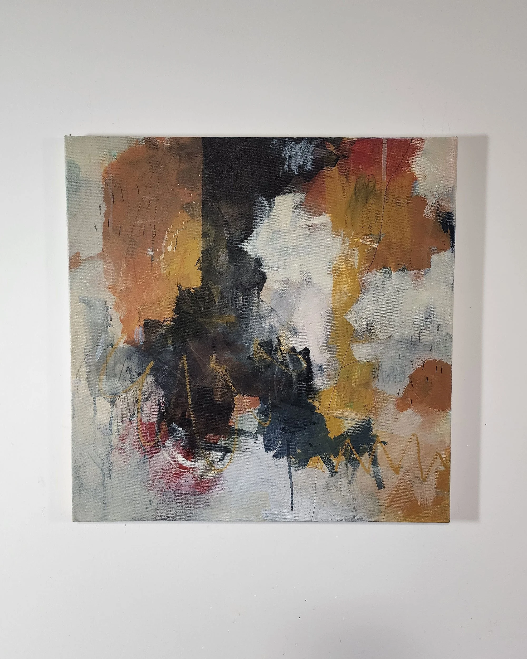 rom Stone to Flesh, an abstract mixed media painting by Adrianne Johnson, revealing layered paint, pastel, and subtle linework.