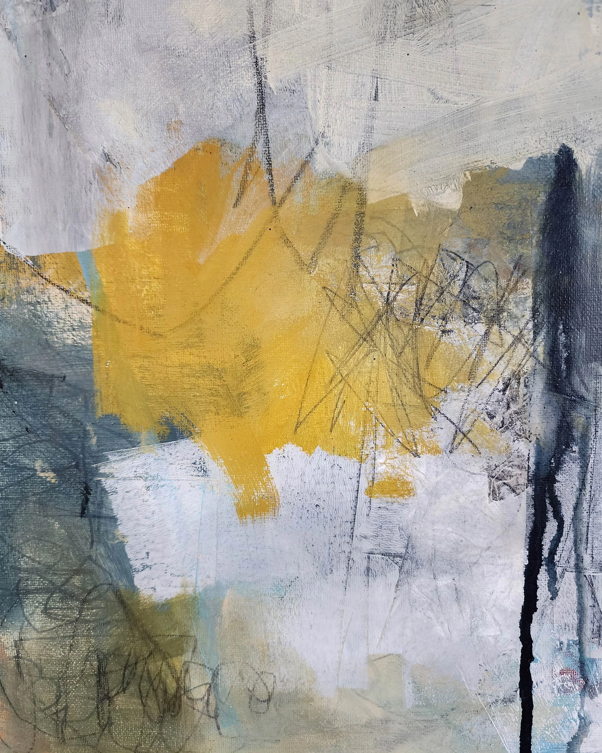 Close-up detail of Redeemed, abstract mixed media artwork showing surface texture and line.