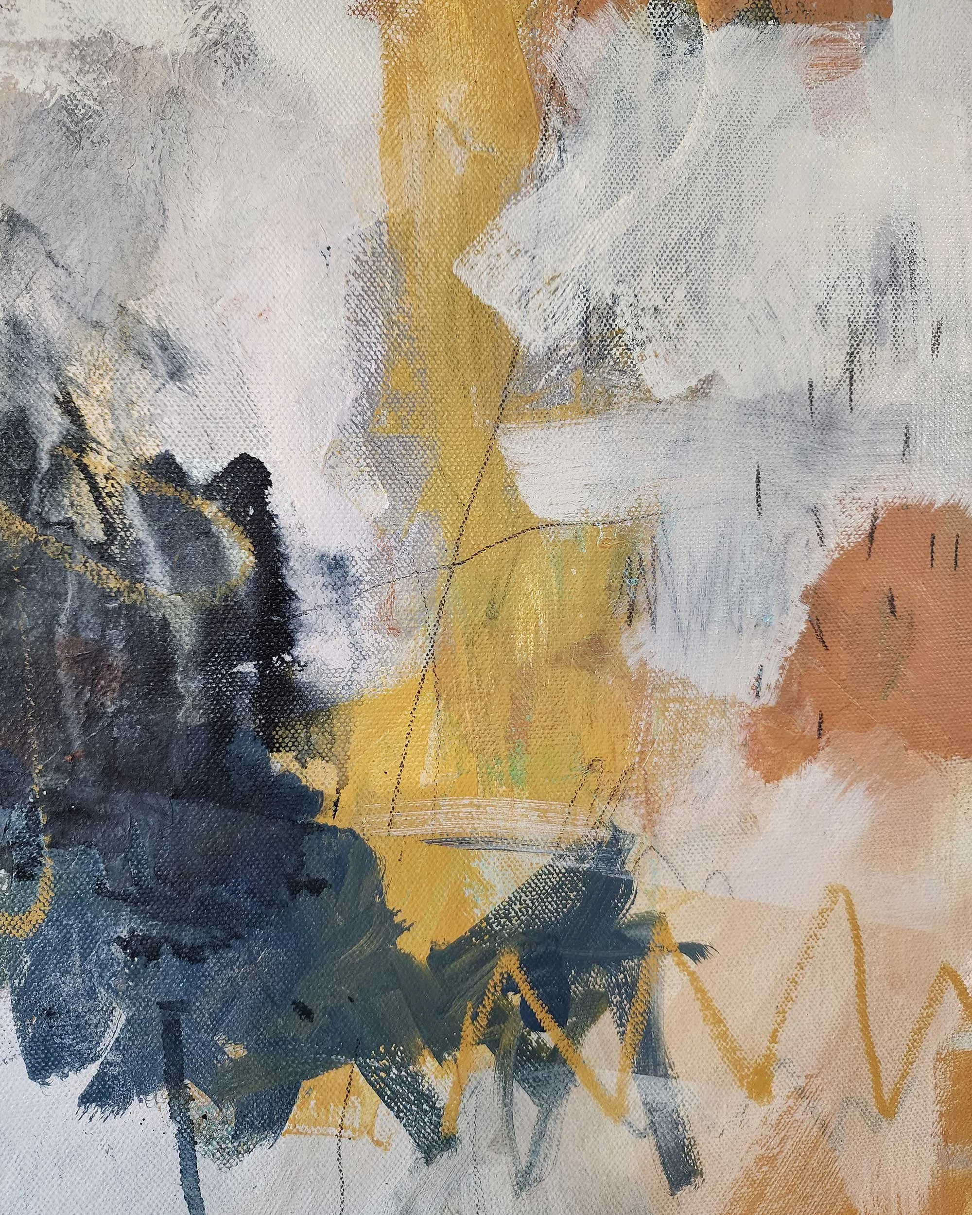Close-up detail of From Stone to Flesh, an abstract mixed media painting by Adrianne Johnson, revealing layered paint, pastel, and subtle linework.