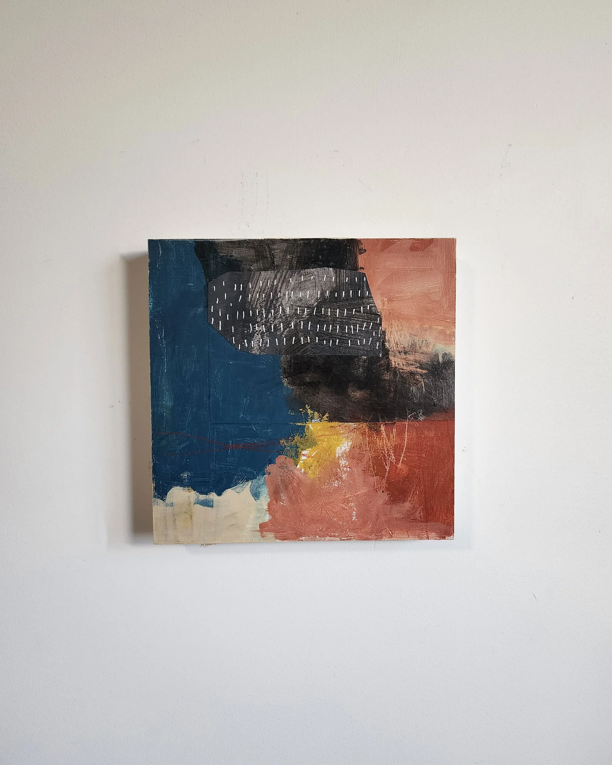 Practice, 8x8 abstract mixed media painting on wood by Adrianne Johnson, featuring layered collage, acrylic, and pastel with muted blue, rust, ochre, and charcoal tones.